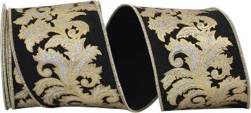 Reliant Ribbon Leaf Filigreee Deluxe Gold Outline Wired Edge Ribbon, 4 Inch X 10 Yards, Black/silver