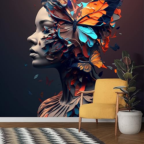 Miniatura 5 de DEKOROS.COM Papel tapiz decorativo de pared con diseño de mujer y mariposa naranja, calcomanía de pared para sala de estar, peluquería, centro de