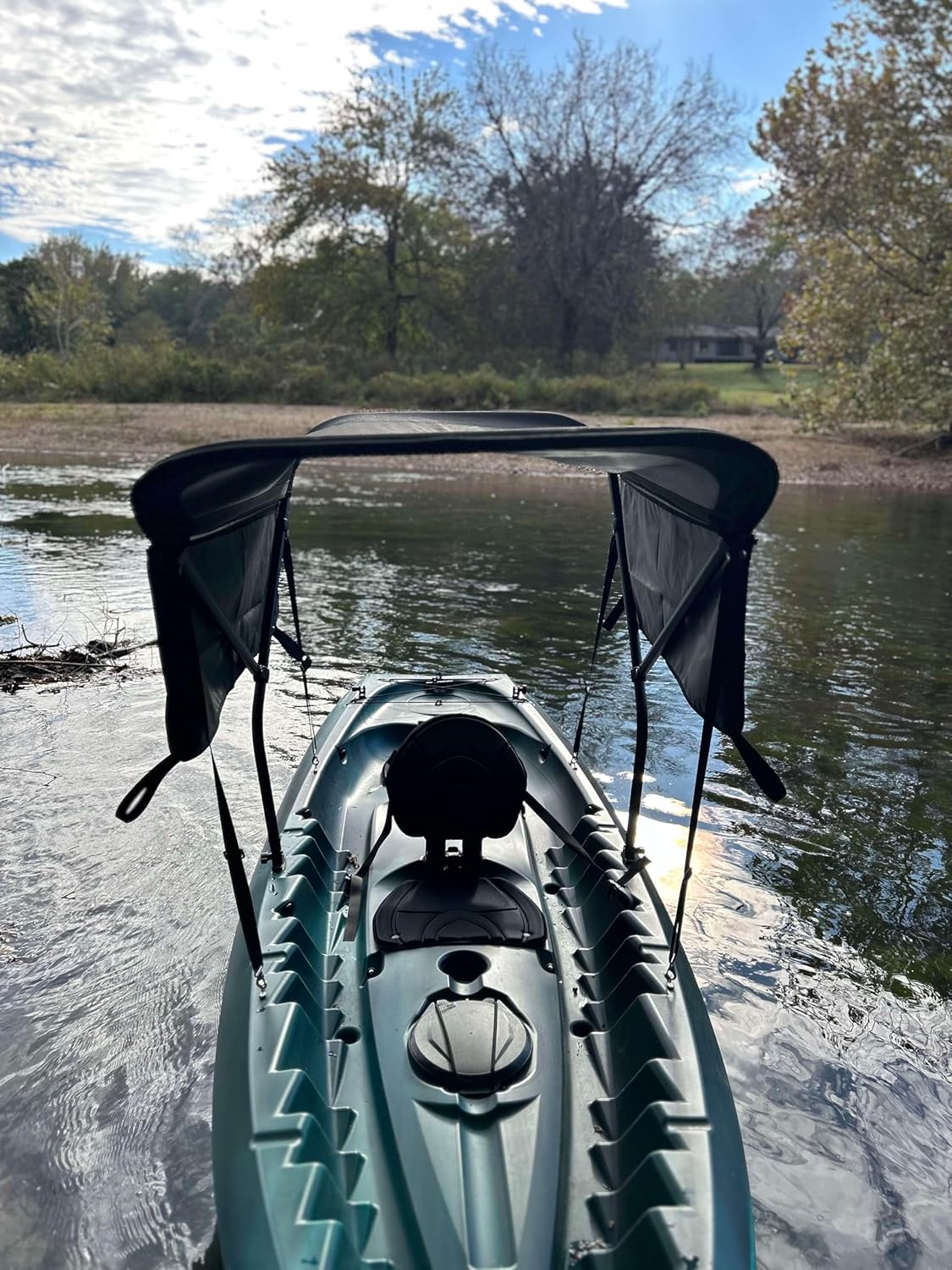 Sun Pro Series Lab Certified 50+ UPF Black Canoe / Kayak Sun Shade / Canopy Bimini Top Conestoga Wagon Style with 2 Differently sized sets of Zippered Side Curtains and Black Frame