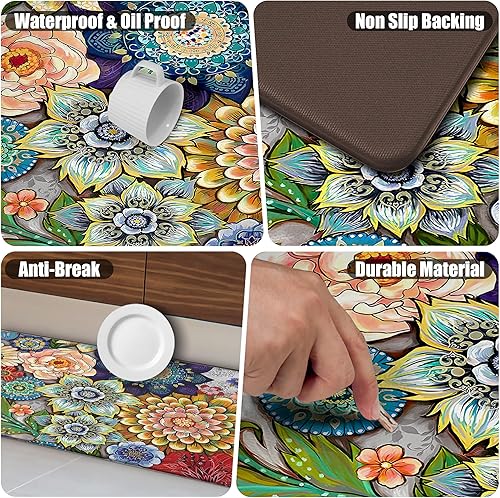 Miniatura 5 de Alfombras de cocina bohemias florales para suelo, 2 piezas de espuma viscoelástica, acolchadas, antifatiga, antideslizantes, acolchadas, cómodas