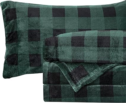 Elegant Comfort Luxuriously Soft 4-Piece Velvet Plush Flannel Sheet Set - Premium Quality - Cozy Warm, Anti-Static, Non Pilling Fuzzy Velvet Flannel Fleece Deep Pocket Sheet Set - Full, Buffalo Green