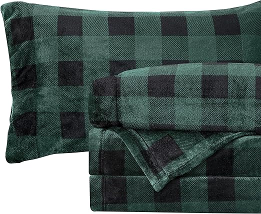 Elegant Comfort Luxuriously Soft 4-Piece Velvet Plush Flannel Sheet Set - Premium Quality - Cozy Warm, Anti-Static, Non Pilling Fuzzy Velvet Flannel Fleece Deep Pocket Sheet Set - Full, Buffalo Green
