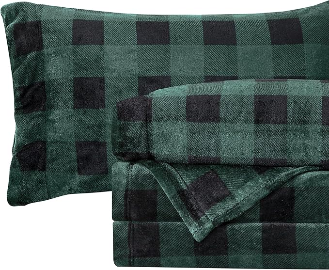 Elegant Comfort Luxuriously Soft 4-Piece Velvet Plush Flannel Sheet Set - Premium Quality - Cozy Warm, Anti-Static, Non Pilling Fuzzy Velvet Flannel Fleece Deep Pocket Sheet Set - Full, Buffalo Green