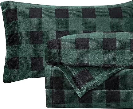 Elegant Comfort Luxuriously Soft 4-Piece Velvet Plush Flannel Sheet Set - Premium Quality - Cozy Warm, Anti-Static, Non Pilling Fuzzy Velvet Flannel Fleece Deep Pocket Sheet Set - Full, Buffalo Green