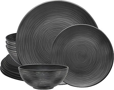 Bzyoo 12 Piece Melamine Dinnerware Set - Durable, Dishwasher Safe Organica Black Plates and Bowls Sets Casual Dish Set for Dining, Outdoor and Kitchen