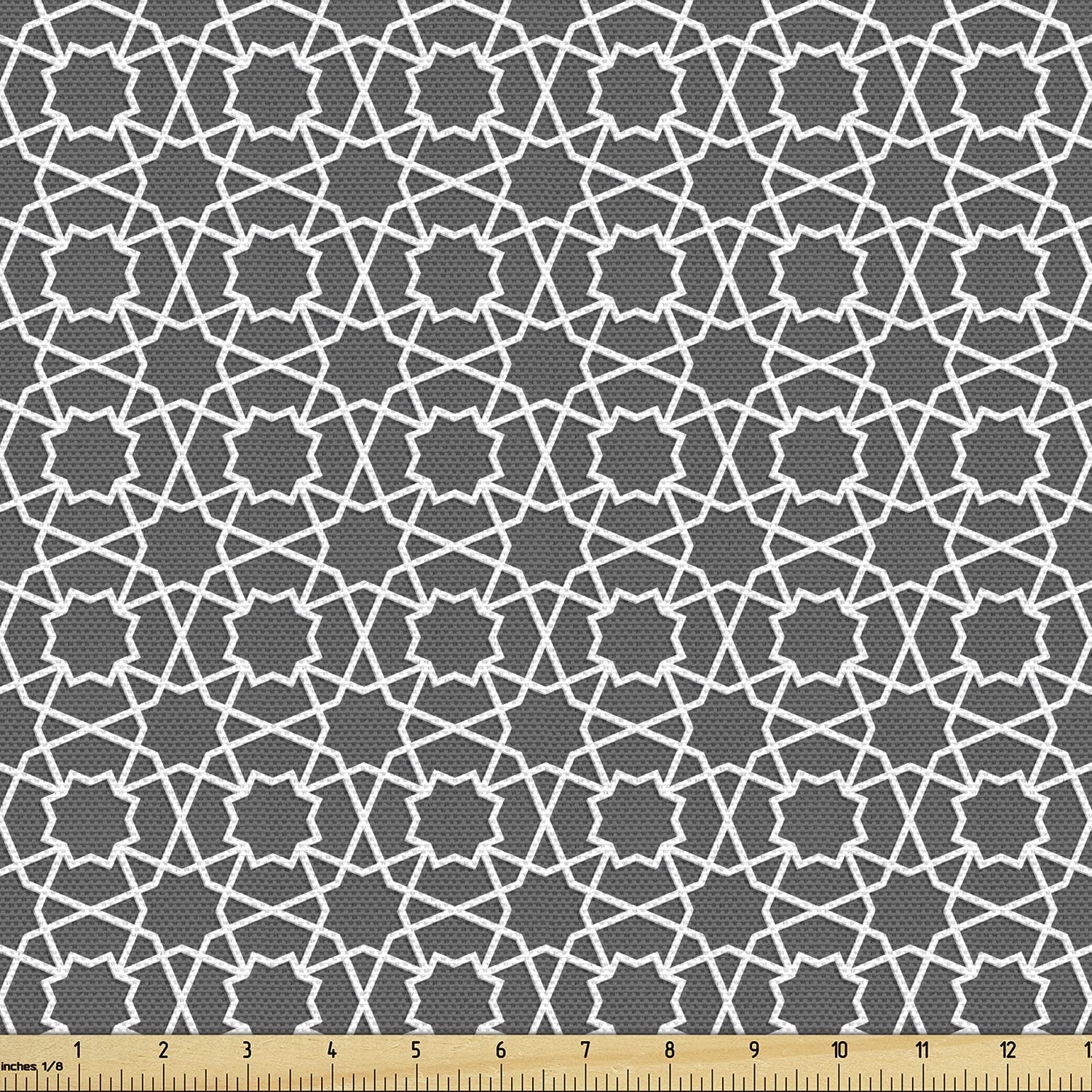 Lunarable Orient Fabric by The Yard, Geometric Pattern in Style Architecture Classic City Buildings, Decorative Fabric for Upholstery and Home Accents, 3 Yards, Black Grey