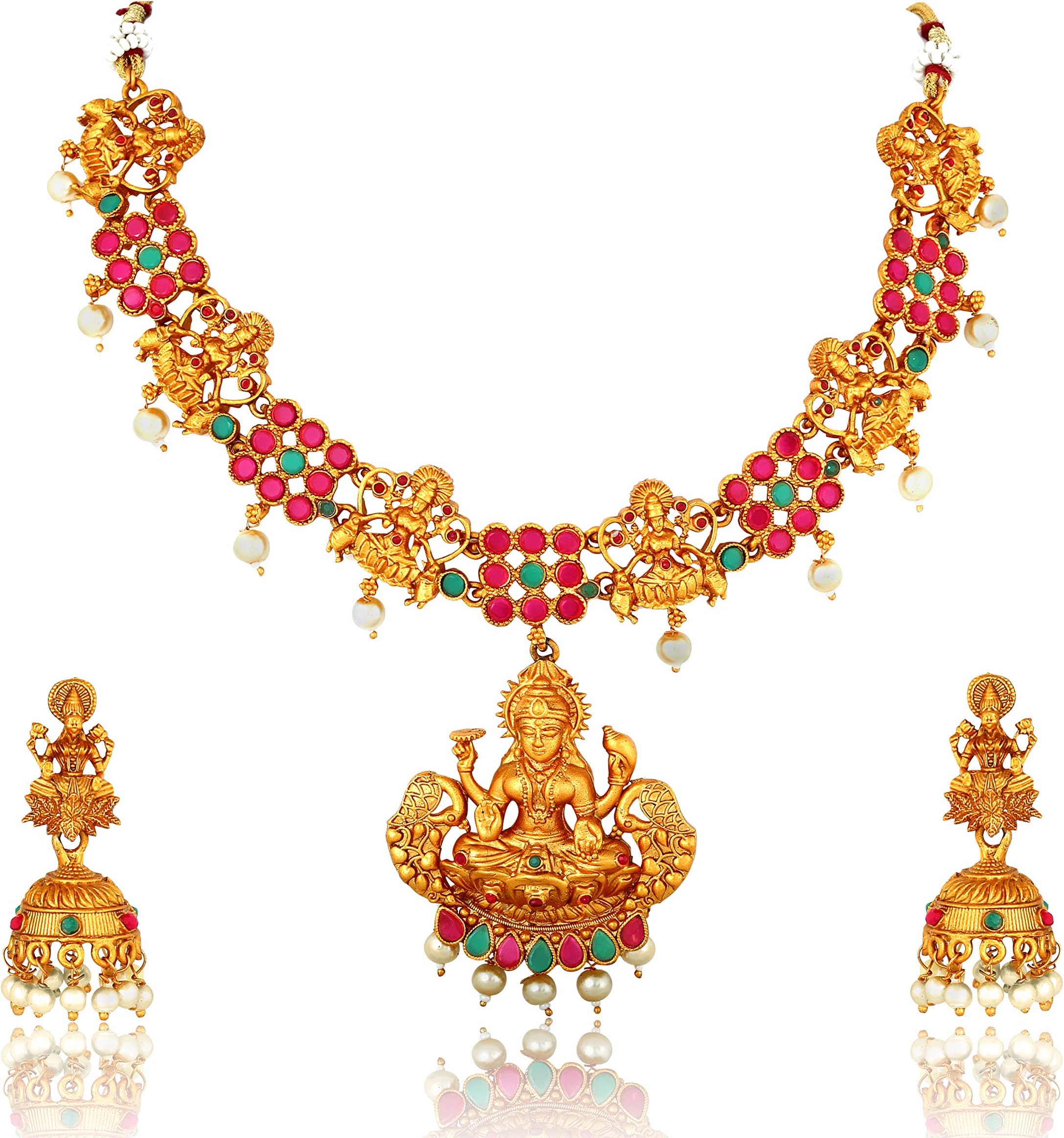 Temple South Indian Peacock Goddess Laxmi Matte Gold Pearl Traditional Necklace Jewellery Sets Jhumki Earrings for Women Girls-NL-A382