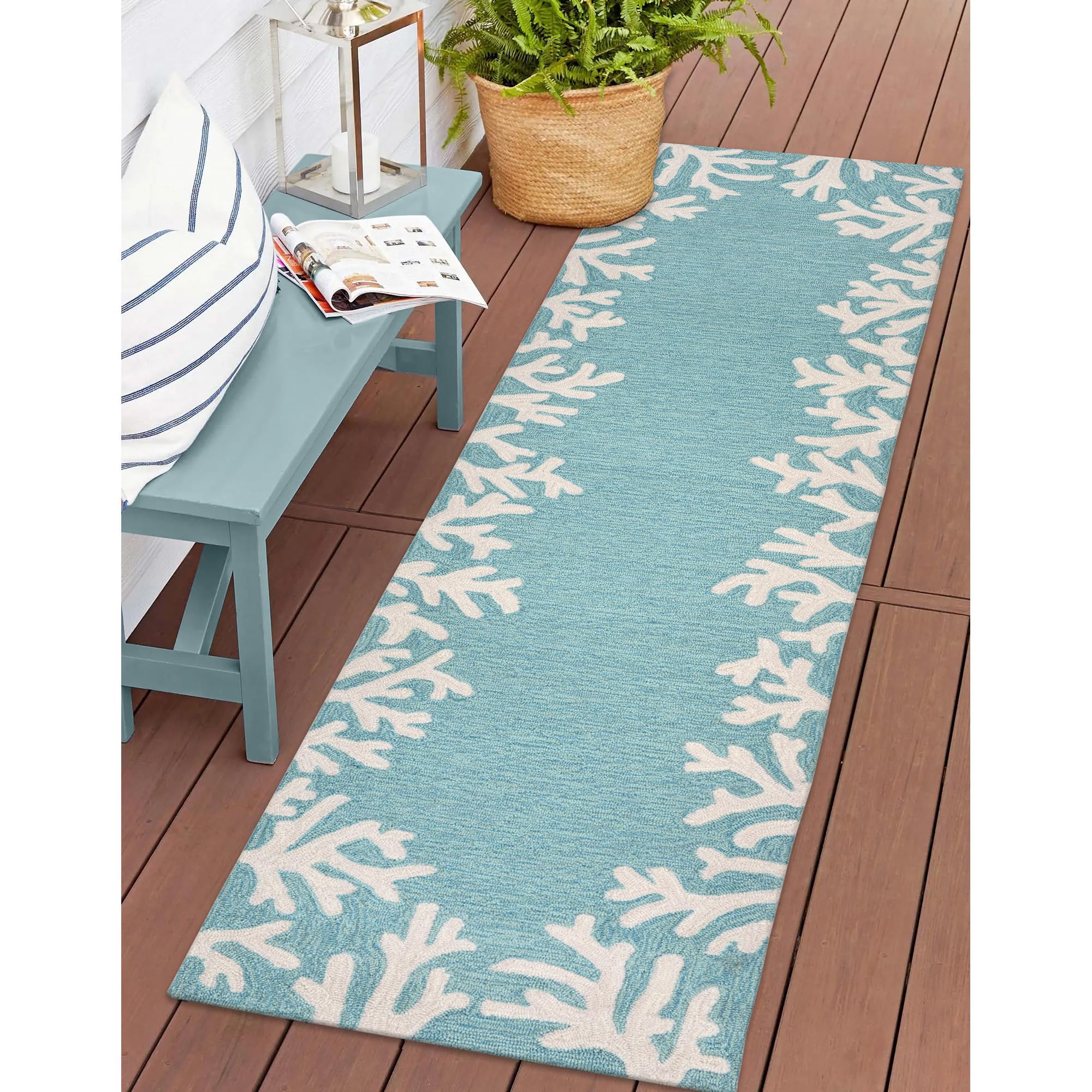 Liora Manne CAPRI Indoor/Outdoor Handmade Synthetic Blend Durable Area Rug - Traditional Border Coastal Beach Accent (Coral Border Aqua) (2' x 8')