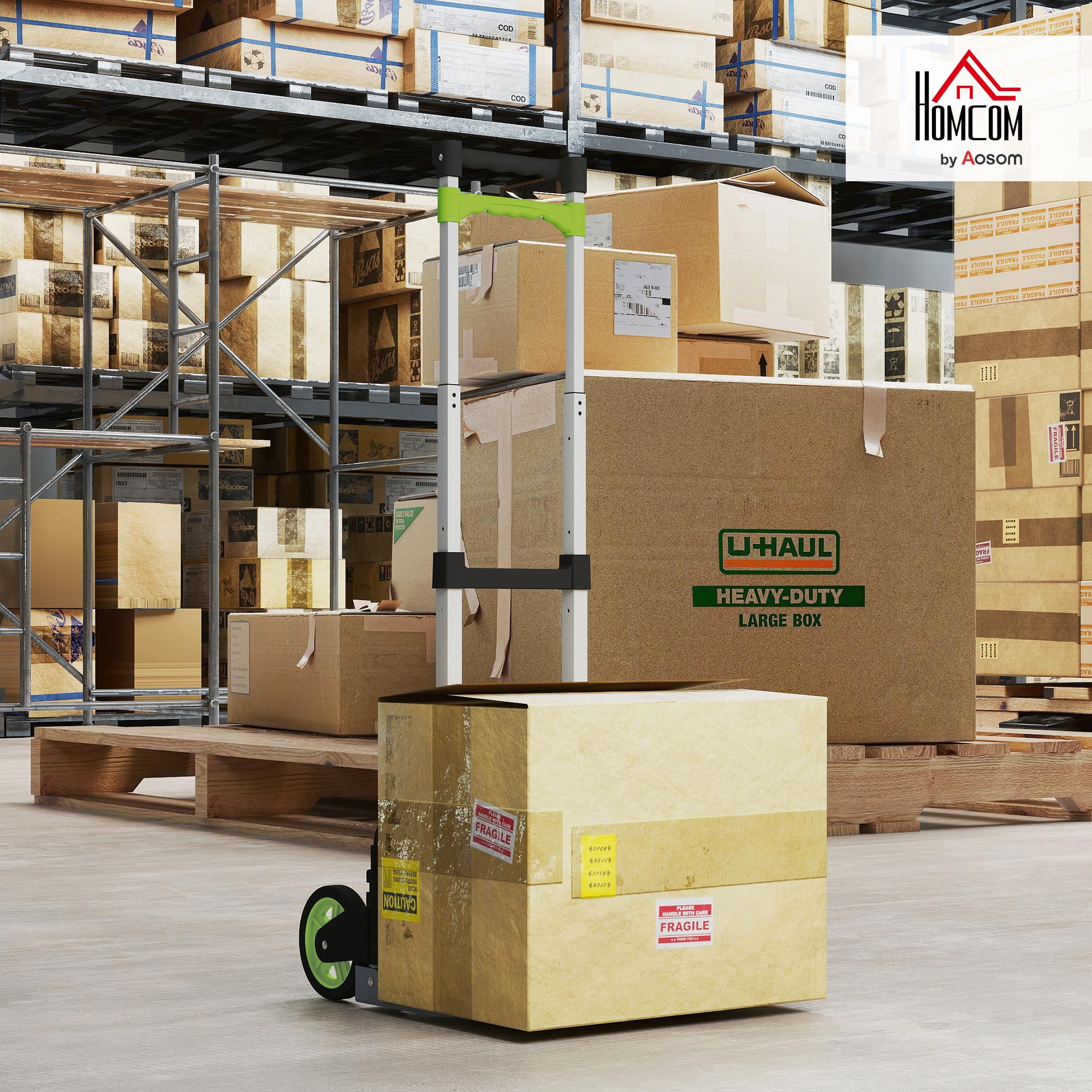 HOMCOM Diable Pliable, Diable Demenagement Robuste en Aluminium avec 100 cm Poignée Télescopique, Charge 70kg, Chariot de Transport pour Entrepôt, Aéroport, Objets Volumineux & Lourds, Vert