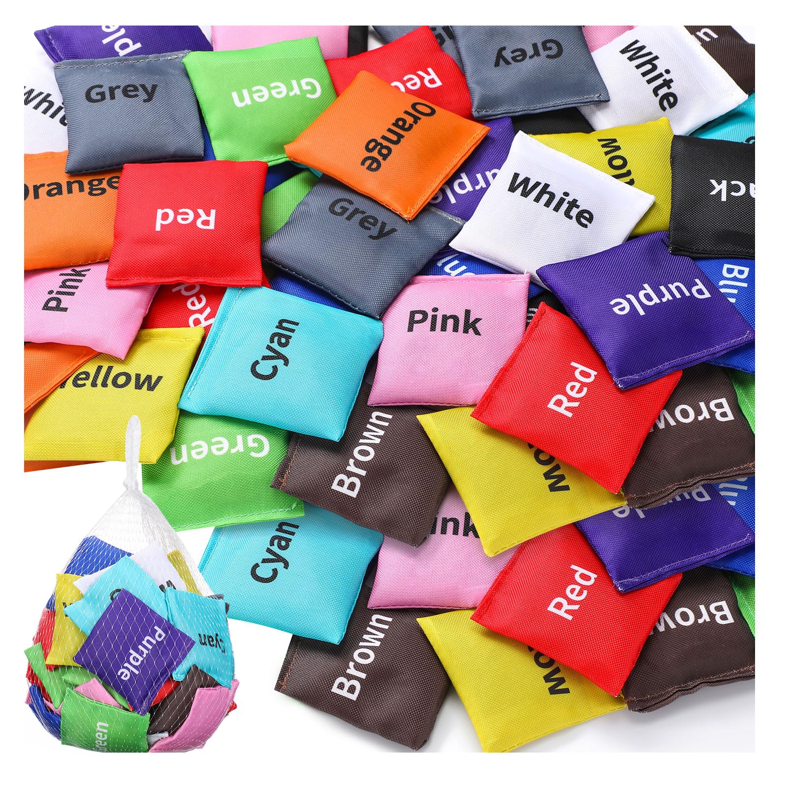 Syhood 48 Pcs Small Bean Bags for Tossing Educational Bean Bags for Kids 2.76 x 2.76 in Cornhole Beanbags for Classroom Learning Carnival Family Catch Sensory Game, 12 Colors (Words)