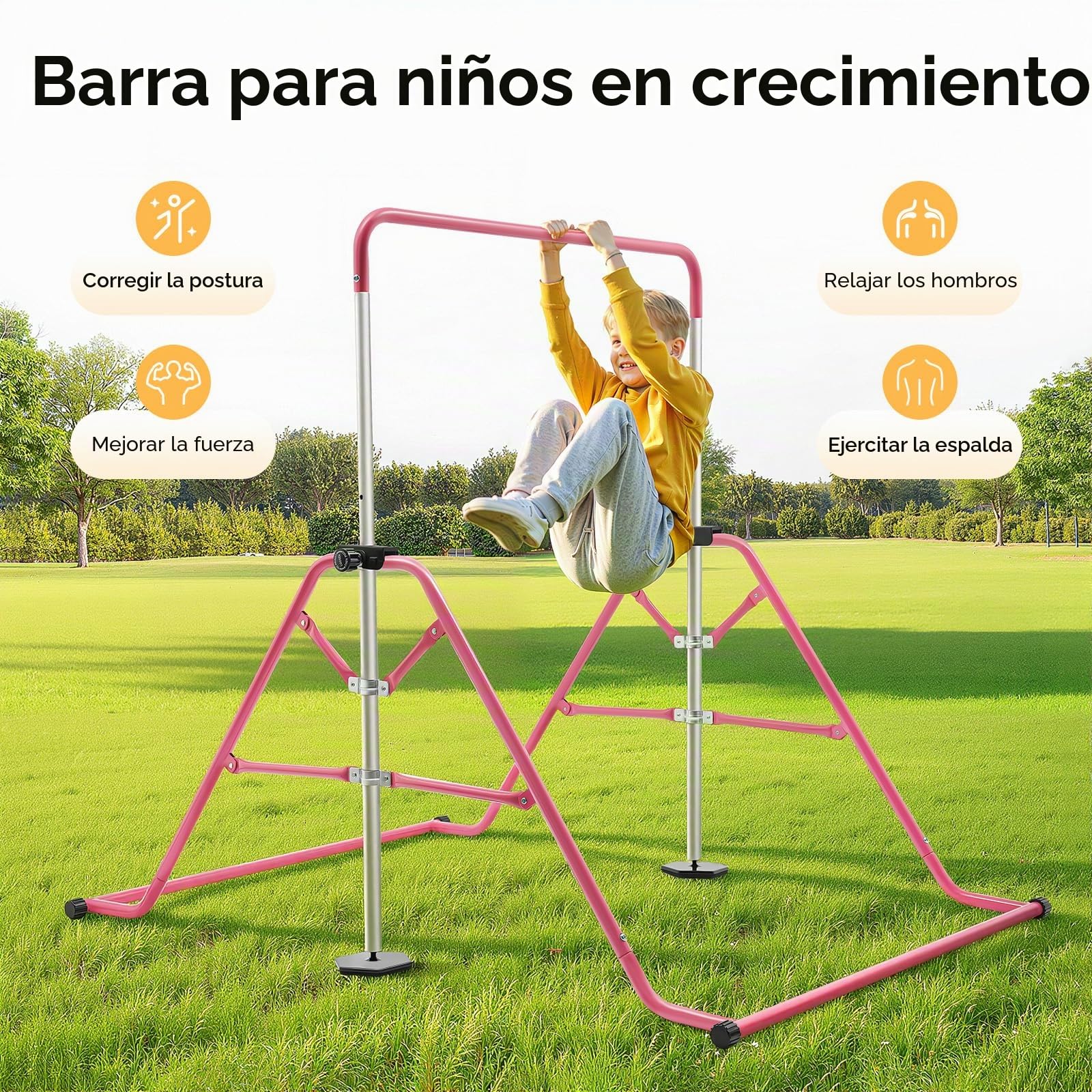 Barra de gimnasia plegable, barra de gimnasia máx. 80 kg, barra horizontal de 115 – 155 cm, altura ajustable, para personas con un peso inferior a 220 libras, rosa