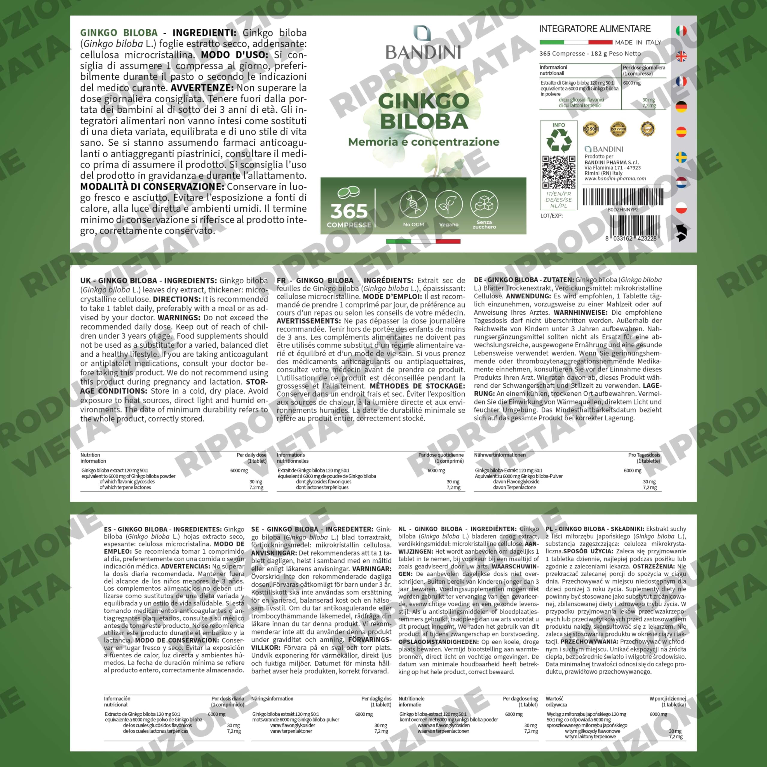 Bandini® Ginkgo Biloba 6.000mg, 365 Compresse (1 Anno di scorta) Estratto 50:1 di Ginko Biloba con Glicosidi Flavonici e Lattoni Terpenici, Gingko Integratore Nootropico 100% Vegan, Senza OGM