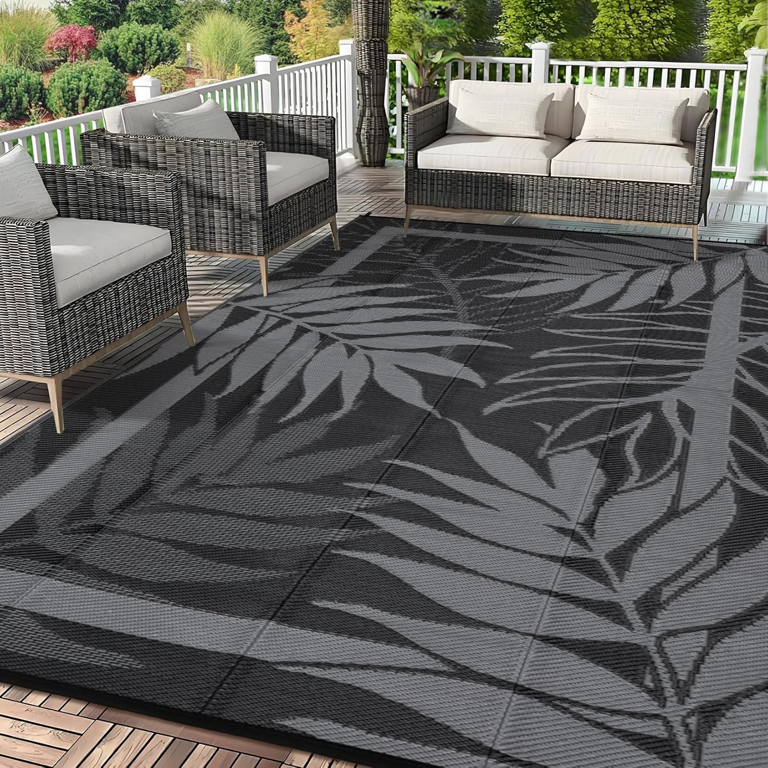 Garvee 9x12 Outdoor Rug, Waterproof All-Weather Patio Carpet - Reversible Fade & Resistant, Heavy Duty Non-Slip Backing for Large Deck, Living Room, Backyard, Pool Area, Porch,Black+Grey