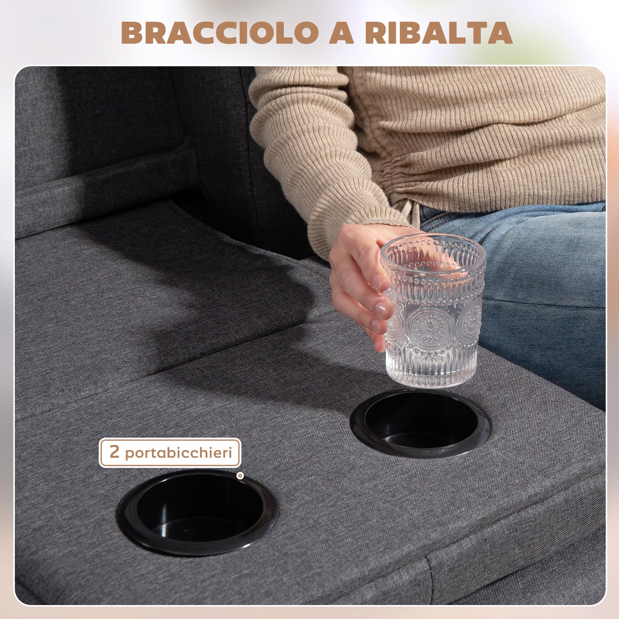 HOMCOM Divano Letto 3 Posti Reclinabile con 2 Braccioli Staccabili, Divano 3 Posti Imbottito Trasformabile in Tessuto e Legno con Portabicchiere per Soggiorno e Salotto, 181x77x78 cm, Grigio Scuro
