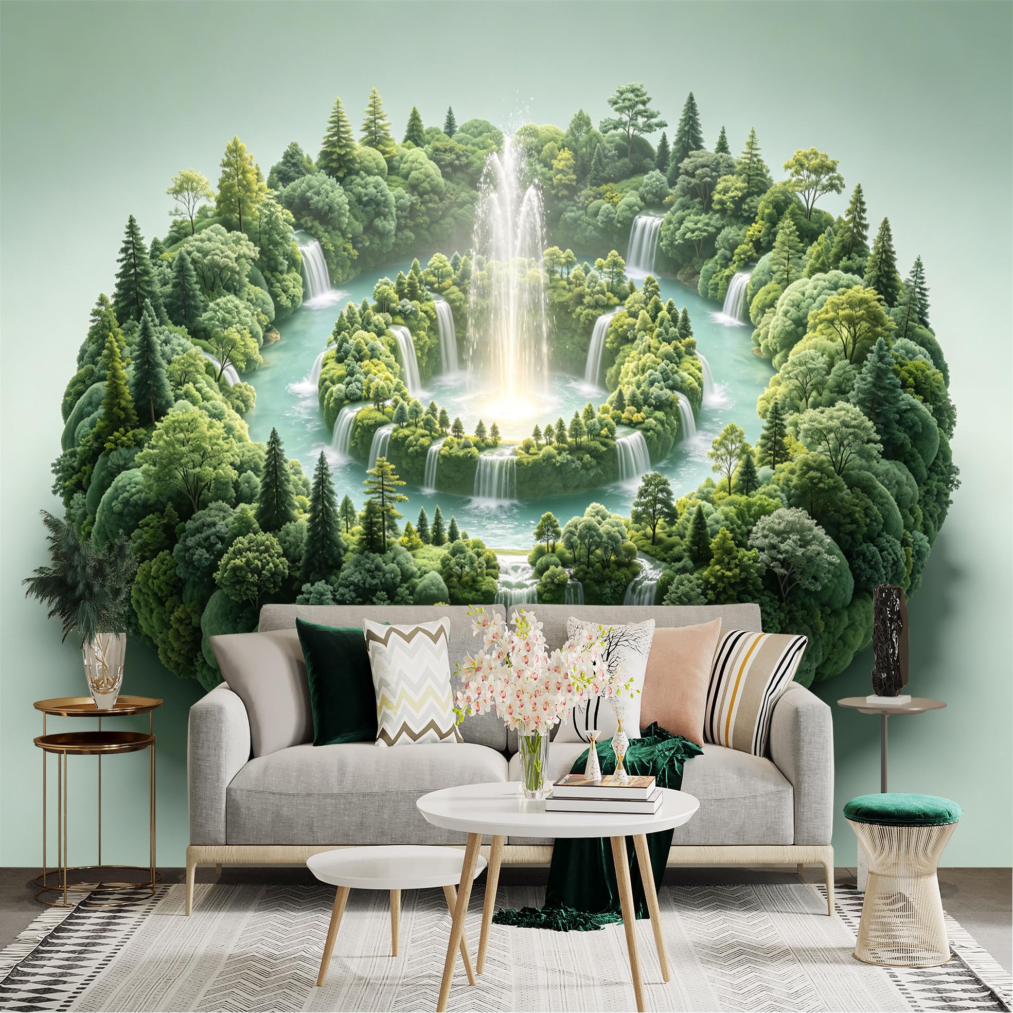 Lnzczhyre Dbh260521362 Custom Size Wall Sticker Mural， Circular Island With Cascading Waterfalls， Fountain， Lush Forest Landscape， Serene Nature Scene， For Wall Decoration， Peelandstick Wall Decals.