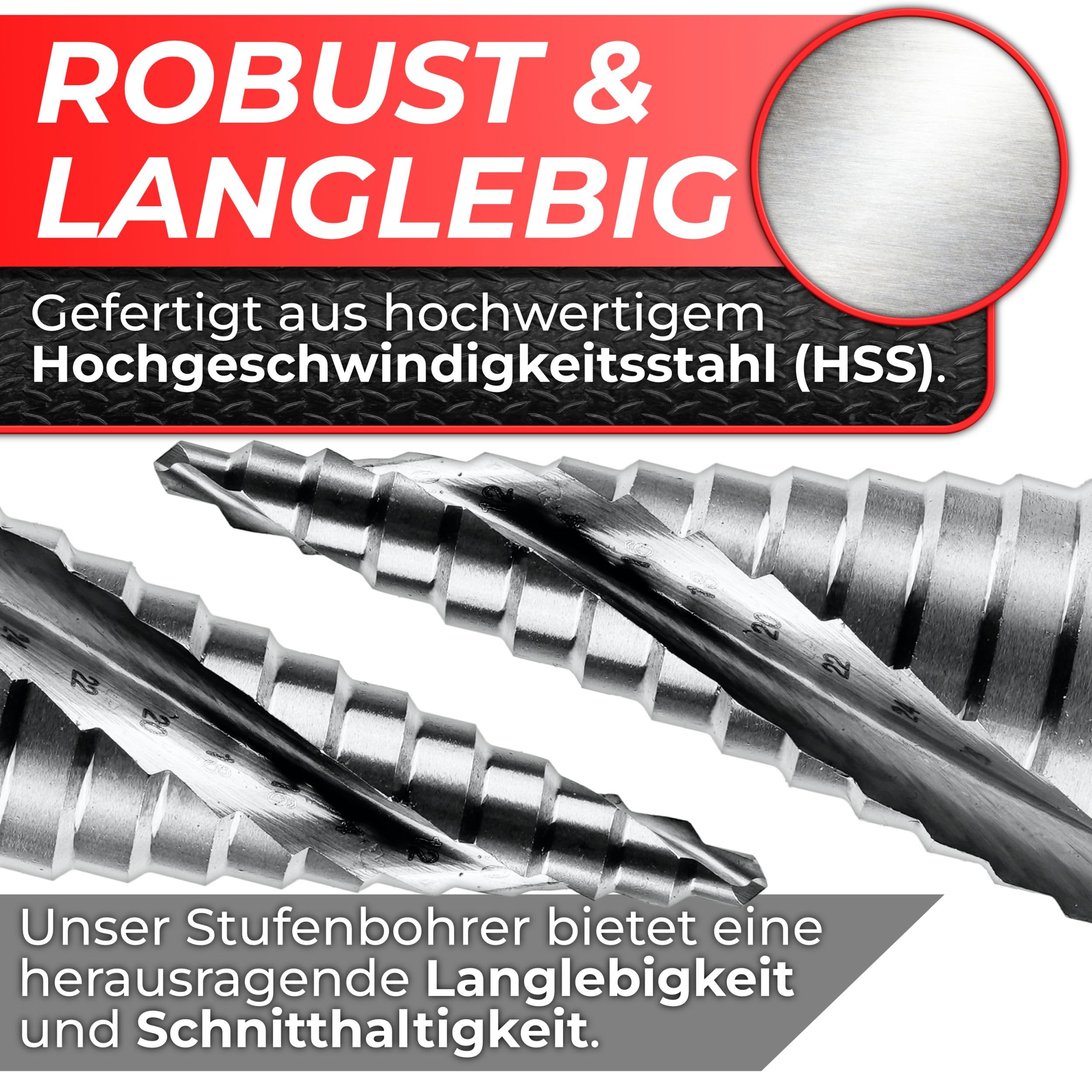 Woltersberger® HSS Stufenbohrer con albero da 10mm | Trapano conico Ø 4-32mm a spirale | HSS Stufenbohrer con 15 livelli adatto per molti portapunta | Ideale per metallo, legno, alluminio, ottone