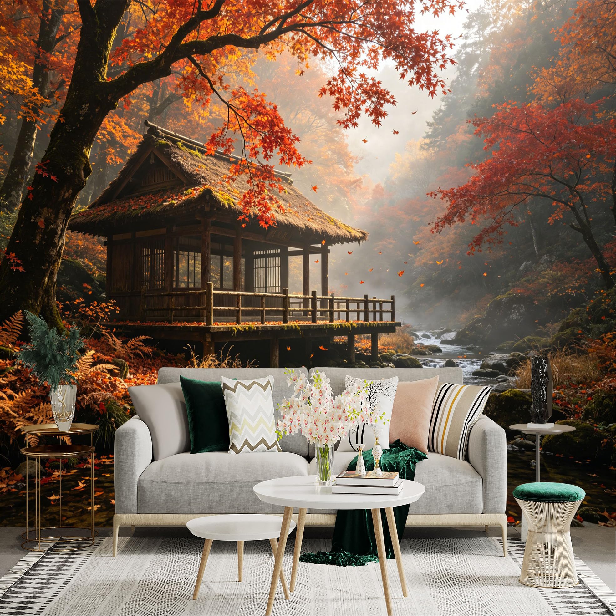 Custom Size Wall Sticker Mural， Japanese Wooden House by Autumn Forest River with Red Maple Leaves， for wall Decoration， peelandstick wall Decals.