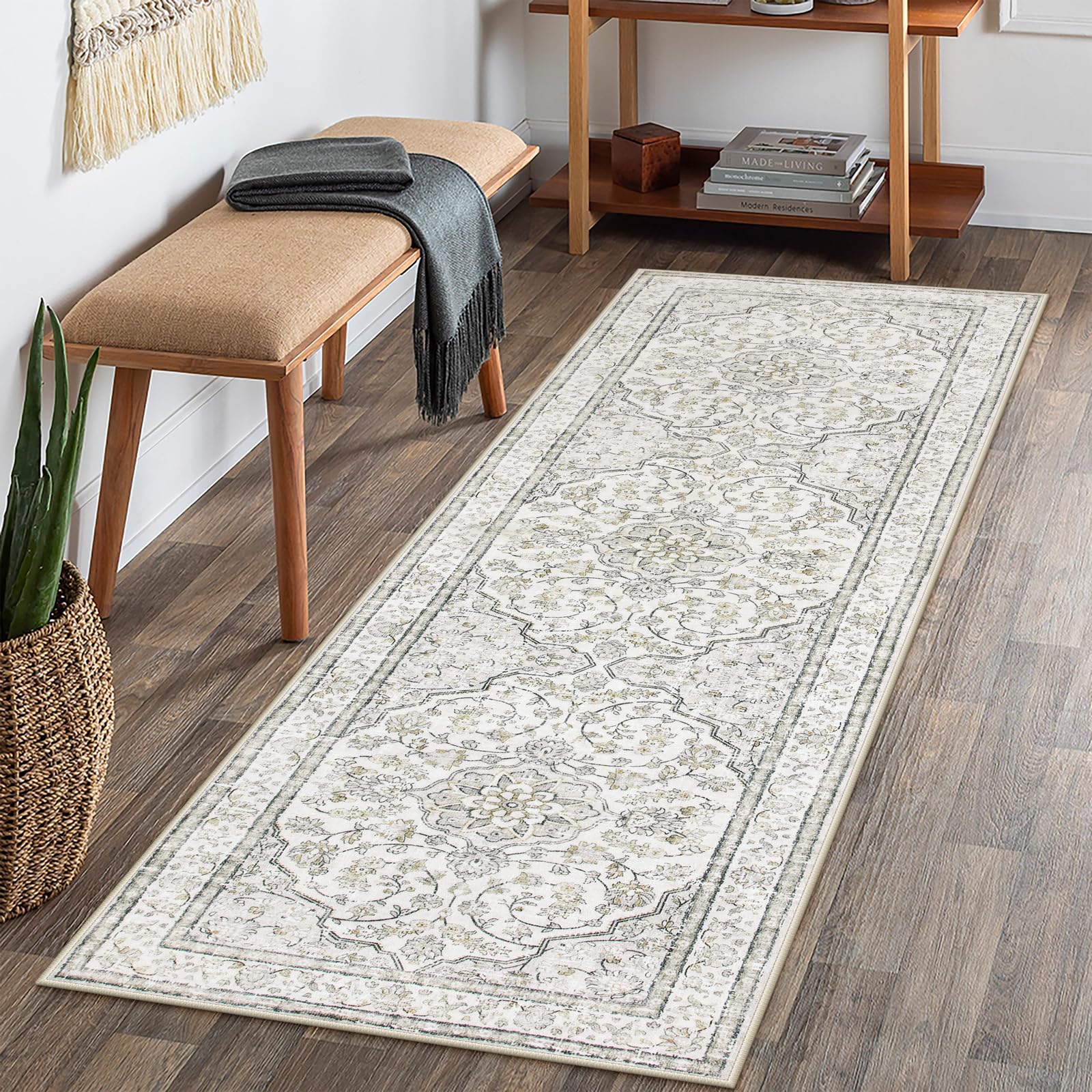 Lahome Oriental Bathroom Runner Rug,Washable 2x6 Beige Kitchen Runner Rug Non Skid Hallway Runner,Ultra-Thin Soft Rug Boho Indoor Floor Carpet Runner