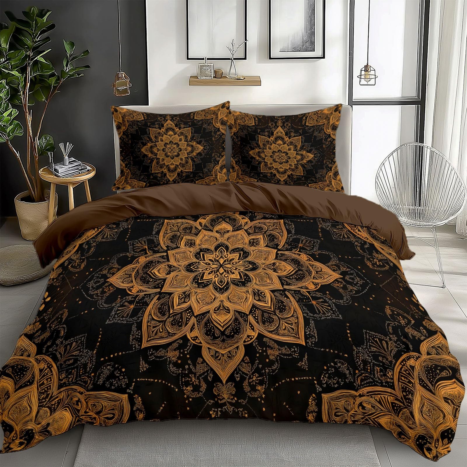 Poszwa na kołdrę 220x240 cm w stylu vintage - zestaw pościeli z nadrukiem w stylu boho, miękka mandala kwiatowy nadruk, złoty elegancki zestaw pościeli z mikrofibry z zamkiem błyskawicznym, 2 poszewki