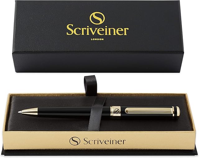 Scriveiner Black Lacquer Ballpoint Pen - Stunning Luxury Pen with 24K Gold Finish, Schmidt Black Refill, Best Ball Pen Gift Set for Men & Women, Professional Executive Office, Nice Fancy Designer Pens