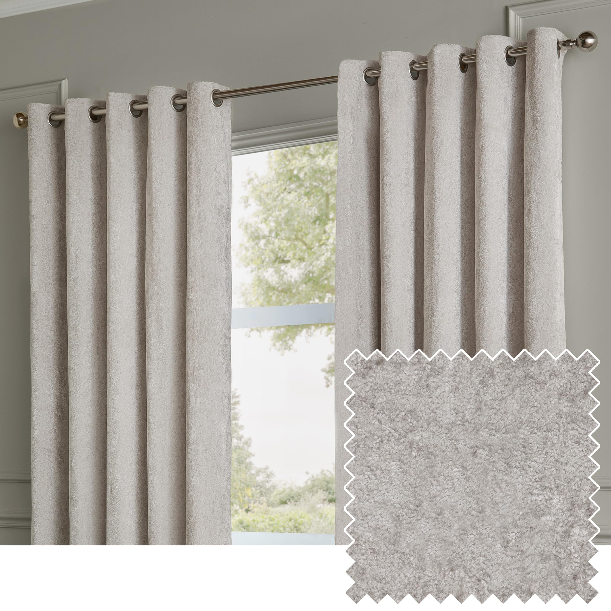 Paoletti Lustre Velvet Eyelet Curtain Pair – Luxury Soft Iridescent Sheen Textured Room Darkening Curtains (Silver – Width 117 x Drop 183cm)