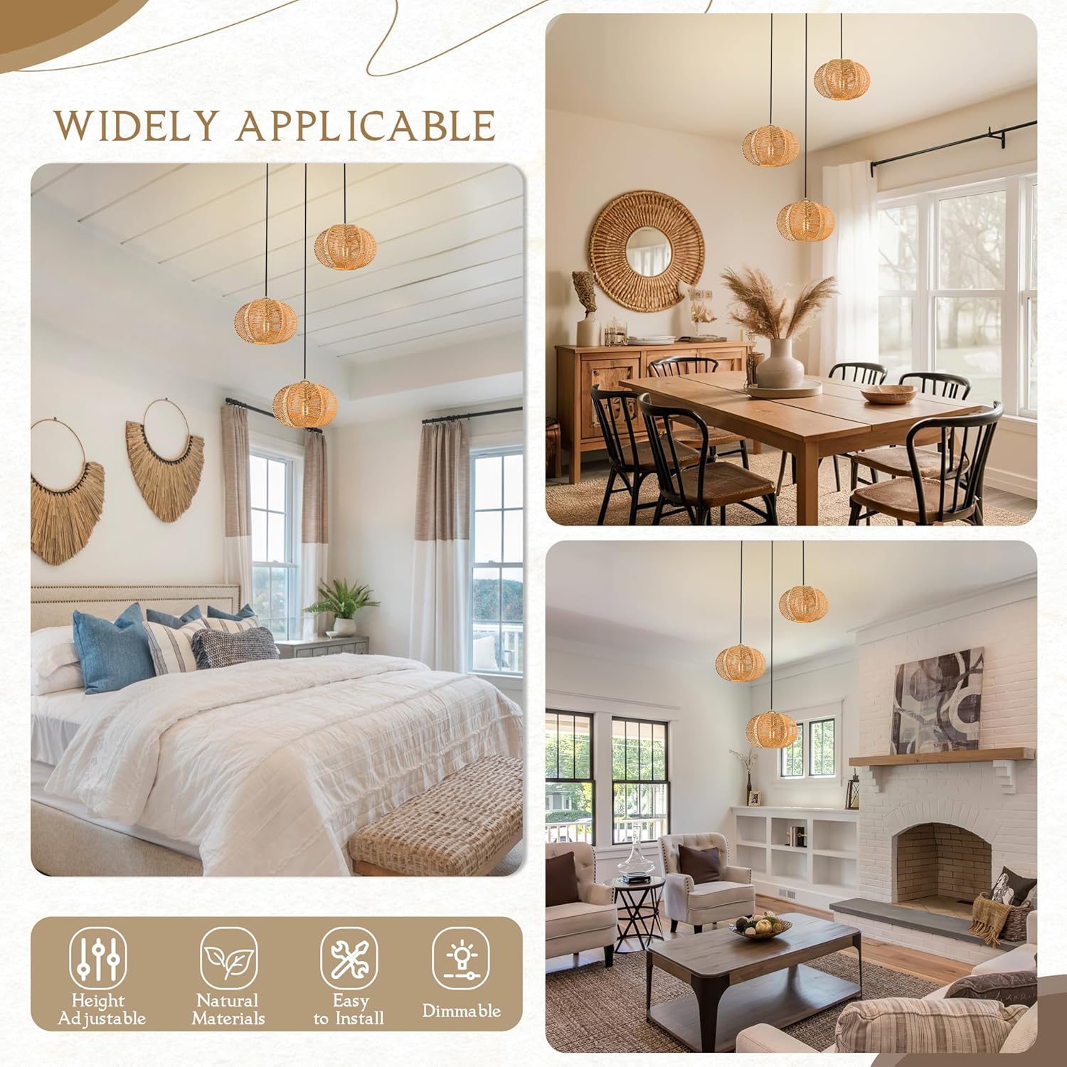 12" Boho Natural 3-Light Boho Chandeliers for Kitchen Island Hand-Woven Boho Rattan Chandeliers Dimmable Adjustable Hanging Chandelier for Dining Room Living Room Hallyway（Bulb Incl.