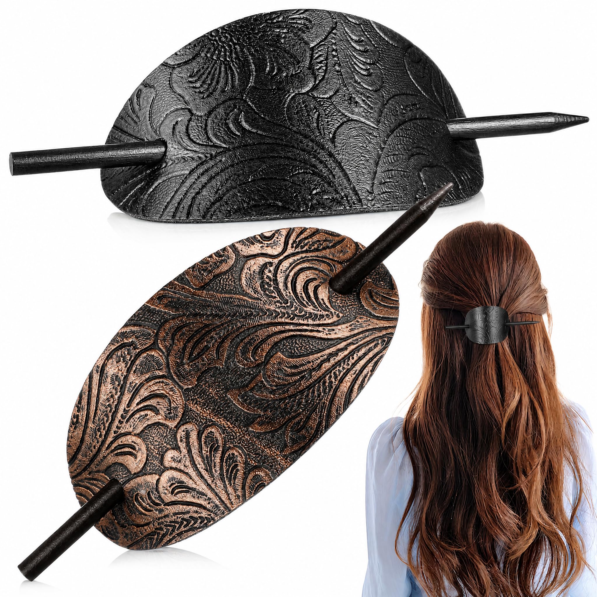 POPETPOP 2pcs Hairpin Ponytail Holders - Leather Hair Barrette with Wood Cuff, Hair Styling Stick for Ponytails and Updos, and Hair Clips for Women