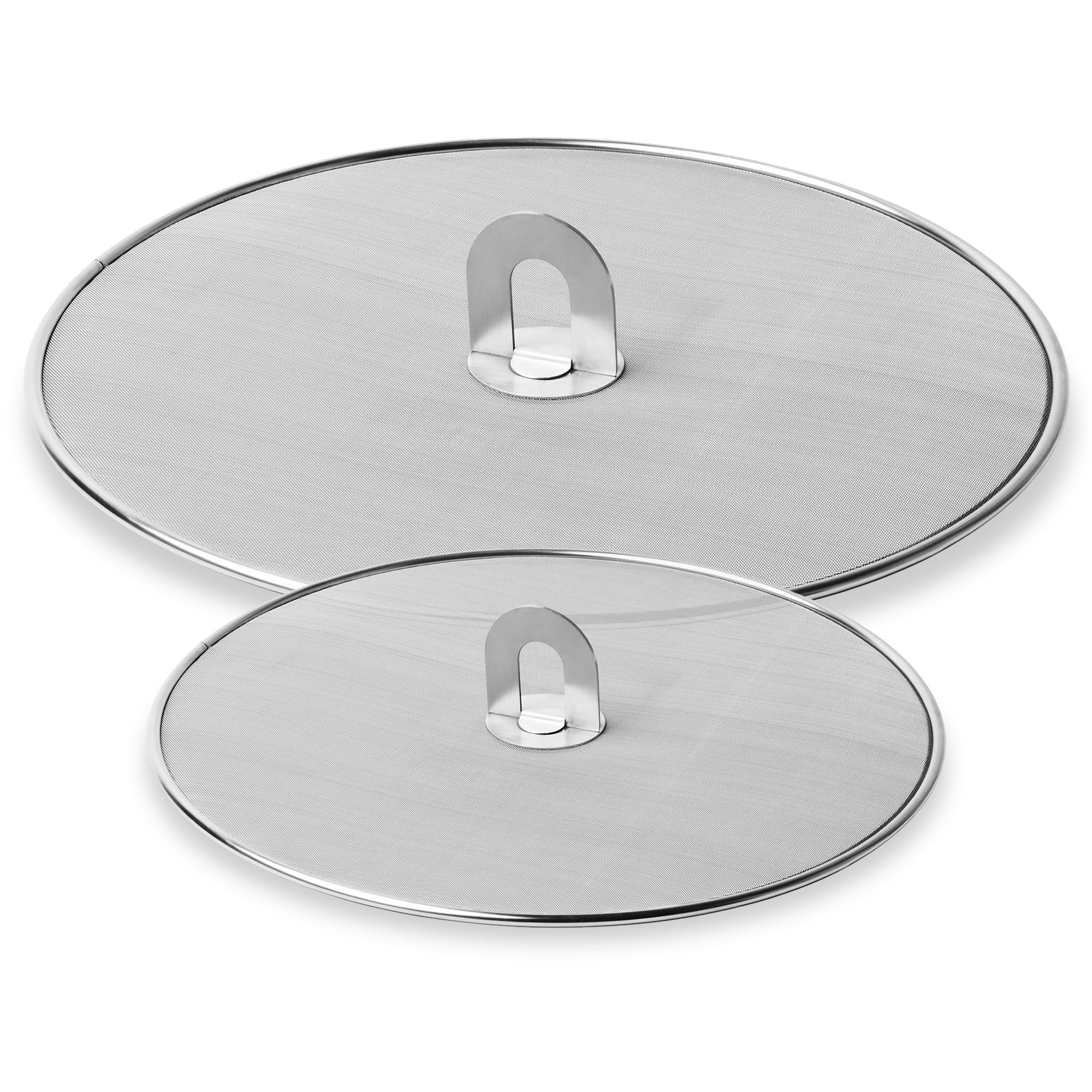 Homestia Protector de salpicaduras de grasa para sartén con perilla plana plegable, malla fina, protector de salpicaduras de aceite, tapa de sartén para cocinar, juego de 2 en 10 pulgadas + 13