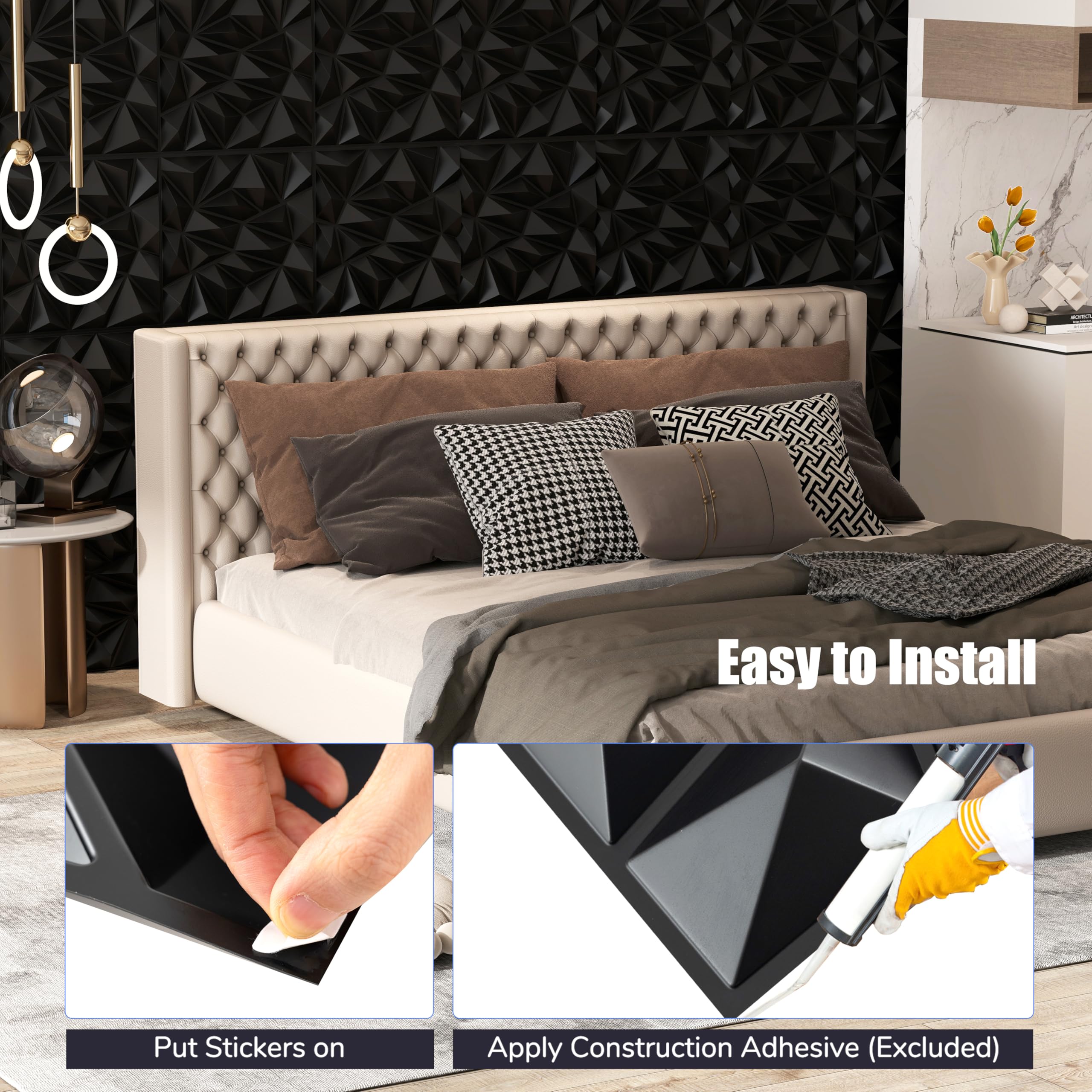 LIFEZEAL 40Pcs 3D Panneaux Muraux en Forme de Losange, 50 x 50 CM Décoration Murale Intérieure en PVC, Panneaux Carrés de Plafond pour Salon Chambre, 10 ㎡ (Noir)