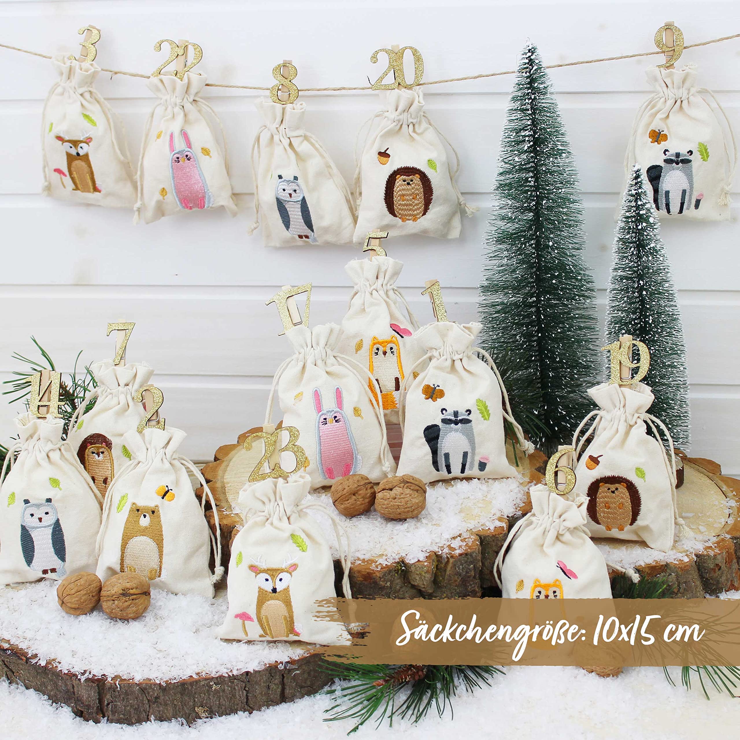Papierdrachen Adventskalender 2025 - bestickte Stoffsäckchen „Waldtiere“ mit goldenen Holzzahlen - Stoffbeutel zum Befüllen & Dekorieren - Geschenkidee