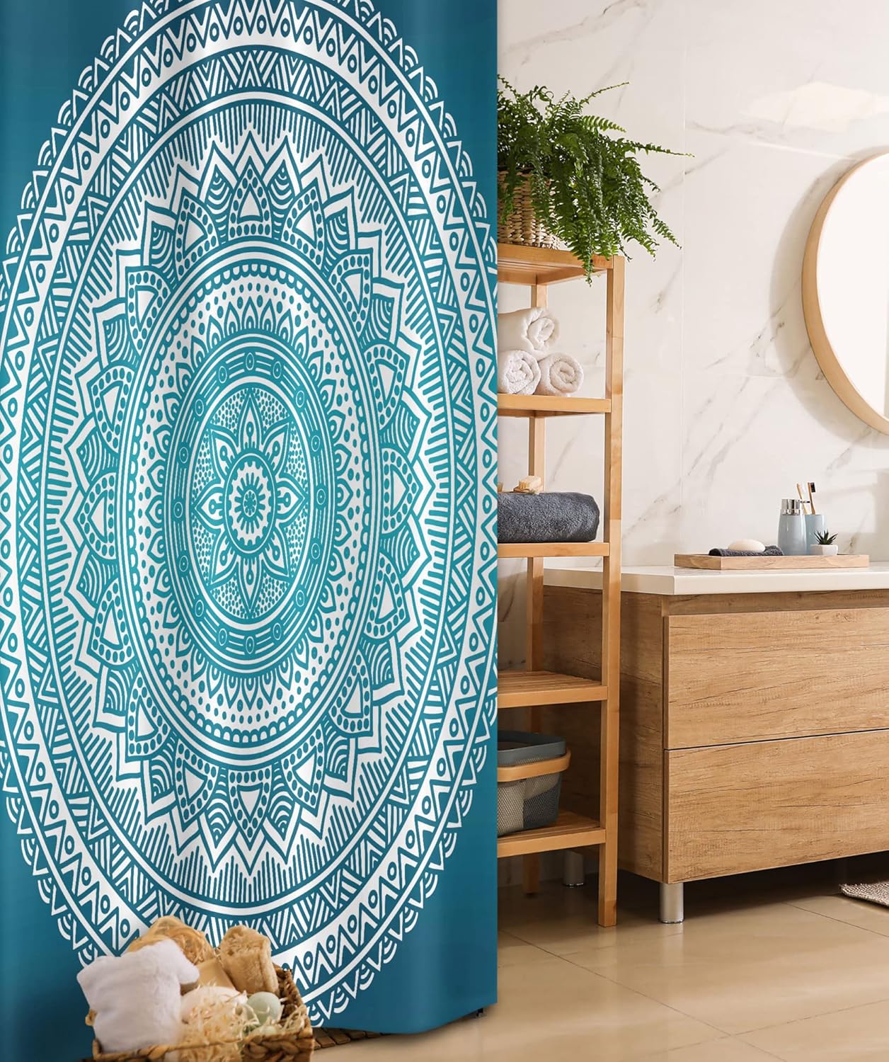 Ambesonne Turquoise Ombre Stall Shower Curtain, Mandala Medallion Starry Design with Flower in Middle Art, Fabric Bathroom Decor Set with Hooks, 36" W x 72" L, Dark Turquoise