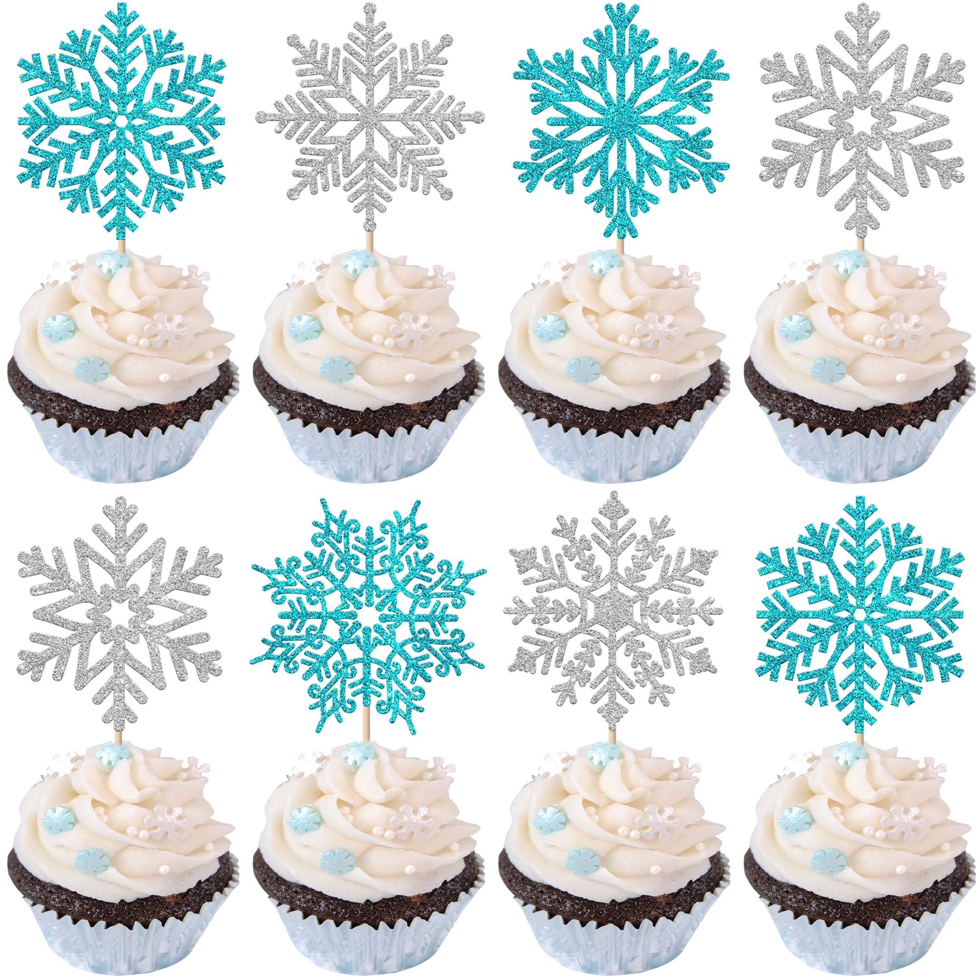 Xsstarmi 36 Pack Snowflake Cupcake Toppers Blue Silver Glitter Winter Frozen Snowflake Cupcake Picks for Baby Shower Birthday Christmas Party Cake Decorations Supplies