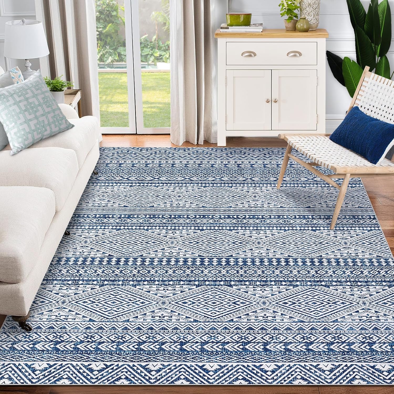 GarveeHome 9x12 Area Rug for Living Room,Machine Washable Area Rugs, Boho Distressed Rugs for Bedroom, Under Dinning Table Stain Resistant Rugs, Non-Shedding Non-Slip Indoor Floor Carpet for Home,blue