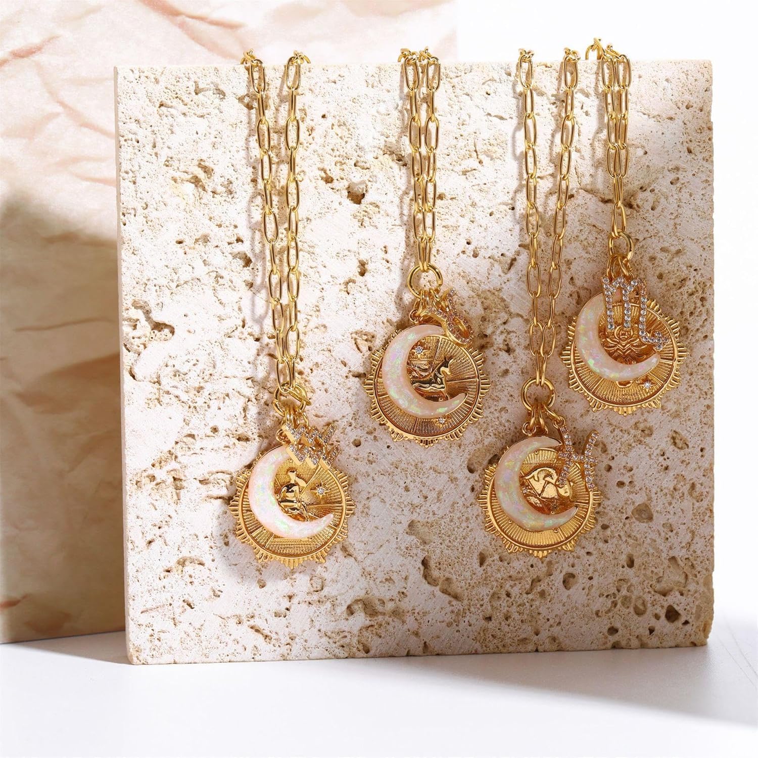 Gold Zodiac Sign Embossed Coin Opal Crescent Moon Charm Necklace for Women Trendy 18K Gold Plated Retro Paperclip Chain 12 Constellation Horoscope Necklaces Astrology Jewelry Gifts - Image 5