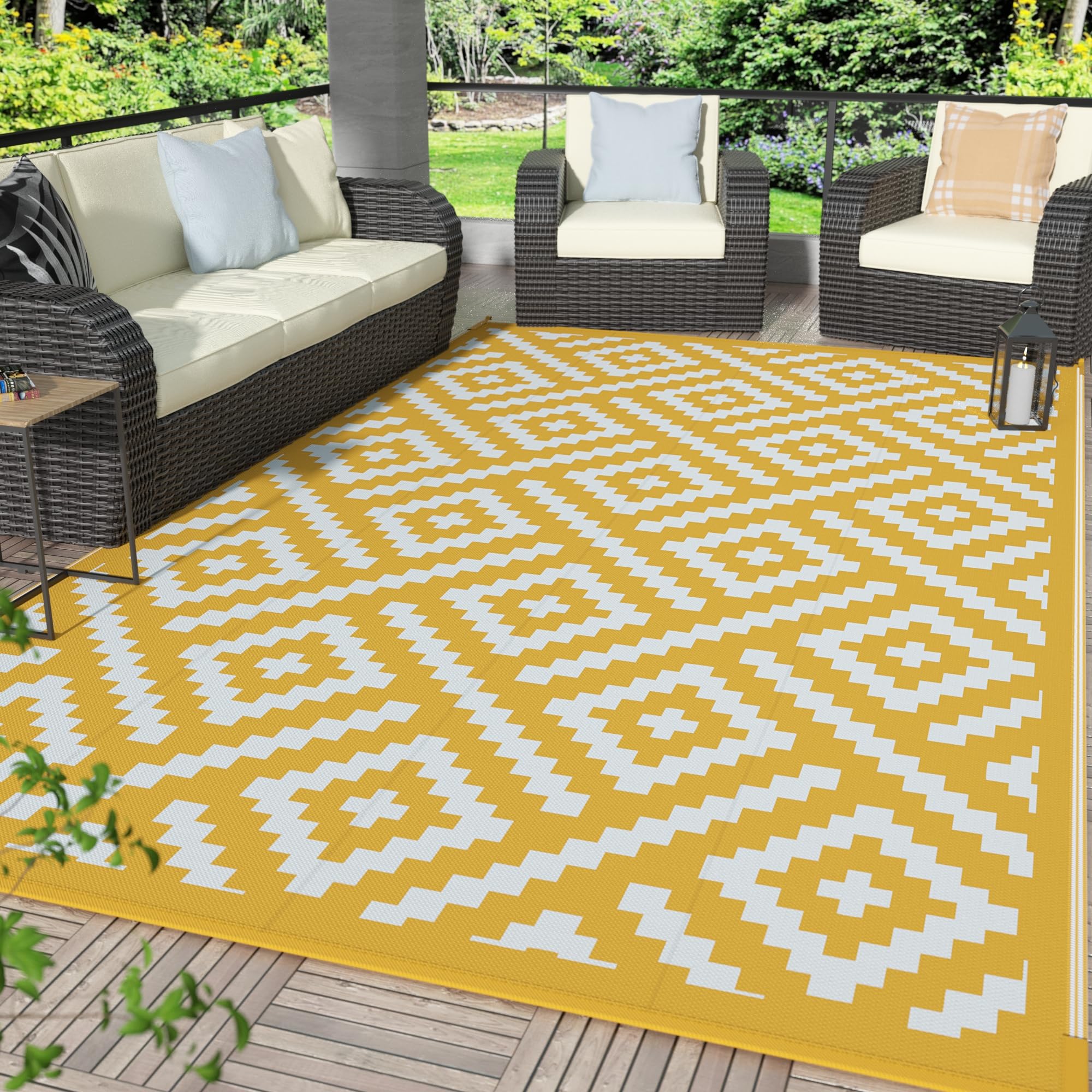 GENIMO Outdoor Rug for Patio Clearance, 6'x9' Reversible Plastic Straw Rugs, Lightweight Waterproof RV Camping Mat for Camper, Balcony, Deck, Backyard, Picnic, Yellow & Beigewhite-image-39
