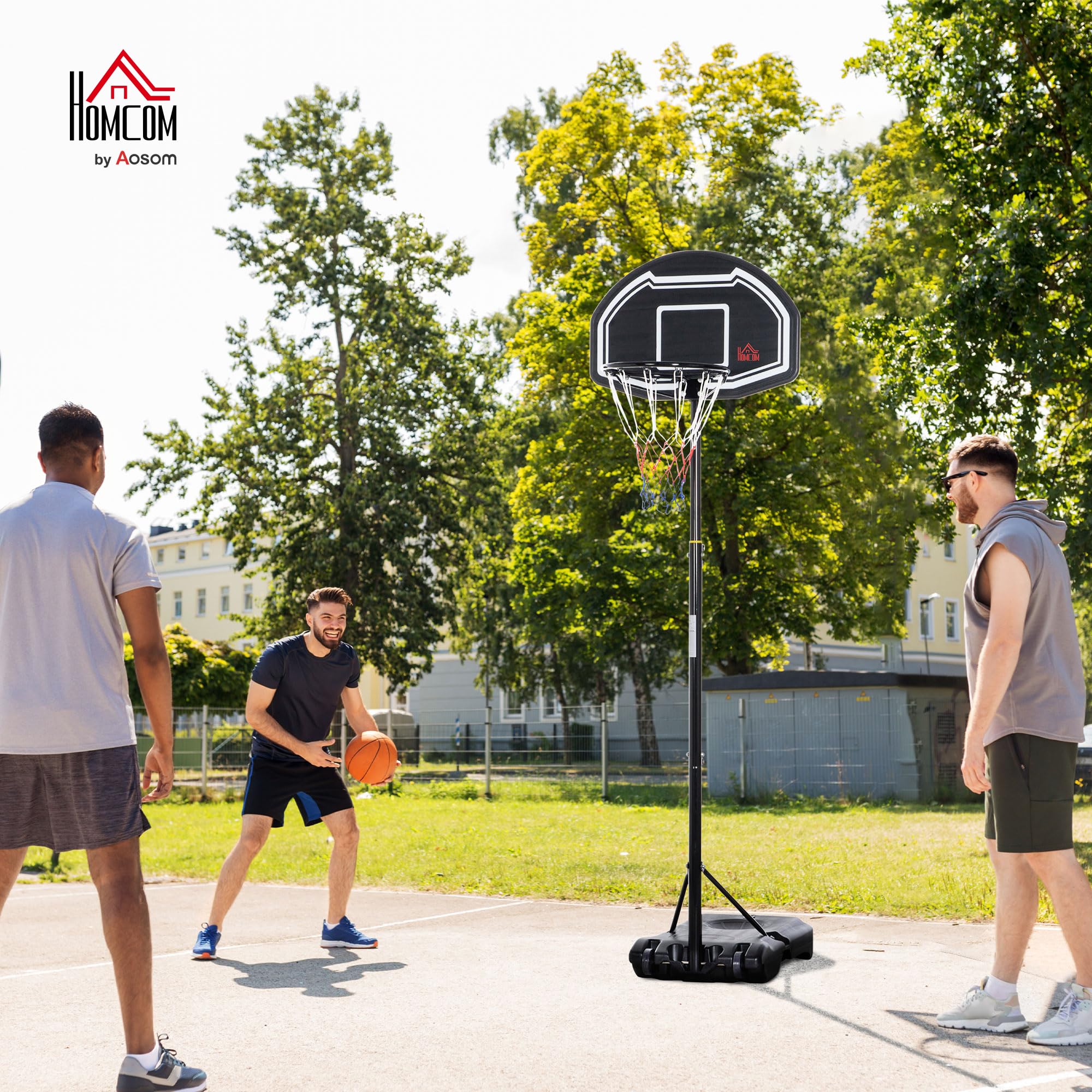 HOMCOM Panier de Basket Extérieur Réglable Base Stable 197,5-254 cm Noir | Panier de Basket sur Pied à Roulettes, Base Remplissable d'Eau ou de Sable, pour Juniors et Adultes