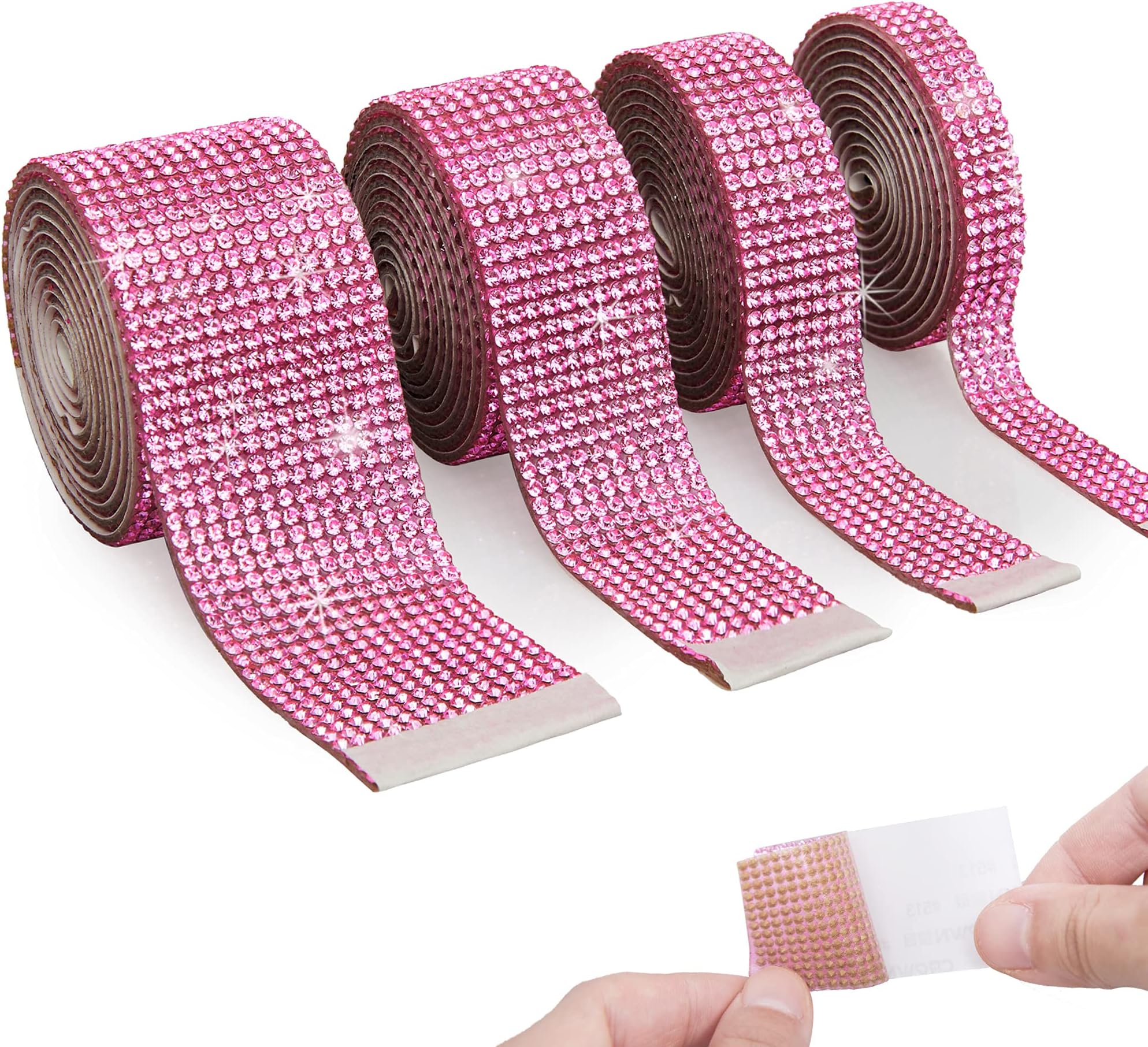 4 Rolls Self Adhesive Rhinestone Diamond Crystal Gem Ribbon Sticker,Bling DIY Decorative Sticker with 2 mm Rhinestones for Crafts Arts,Phone Car and Home Decoration (Pink, 4 Yards)