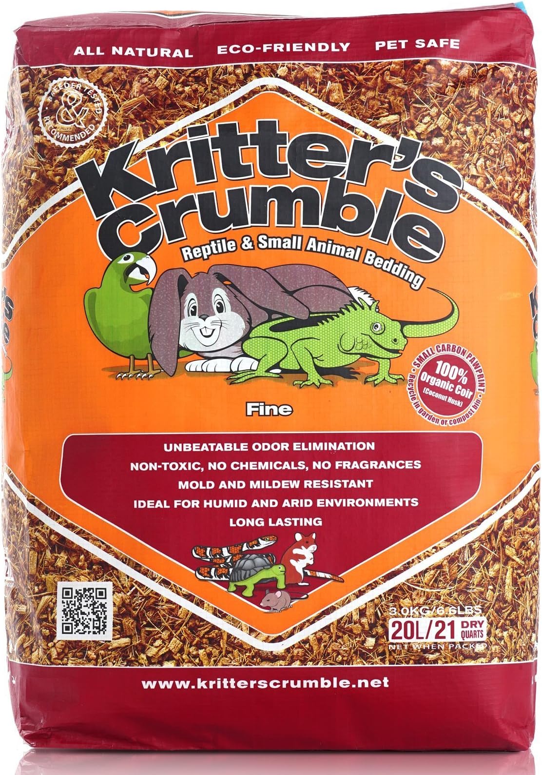 Kritter's Crumble All Natural Coconut Husk Fiber Reptile Substrate and Small Animal Bedding - Fine, 21 quarts