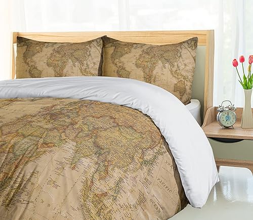 Miniatura 66 de Ambesonne Juego de funda de edredón de brújula, ilustración de mapa del mundo, marinero marítimo, equipo de vida monocromático, juego de ropa