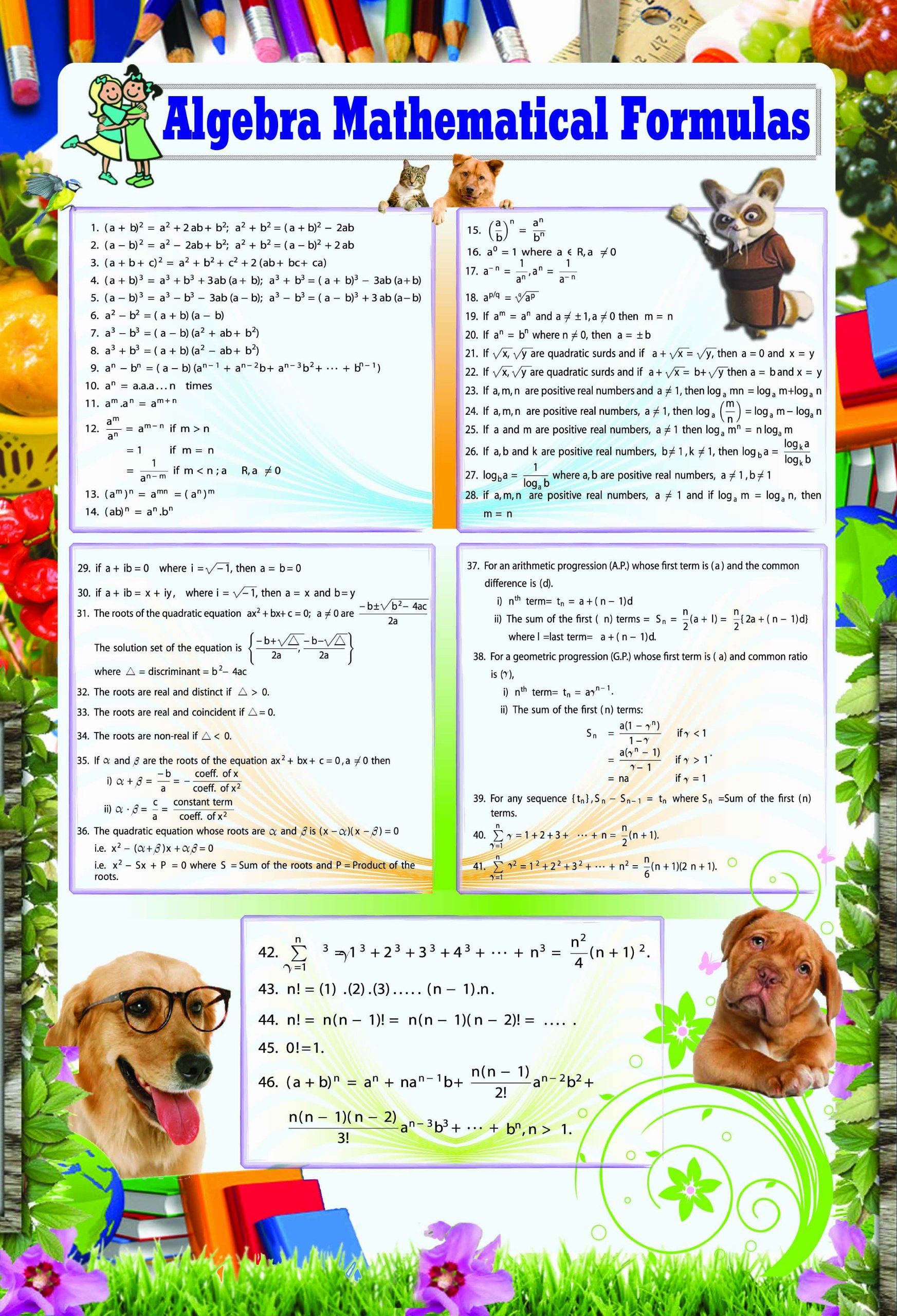 Huge Laminated ALGEBRA MATHMATICAL FORMULAS mathematics educational classroom school POSTER wall chart