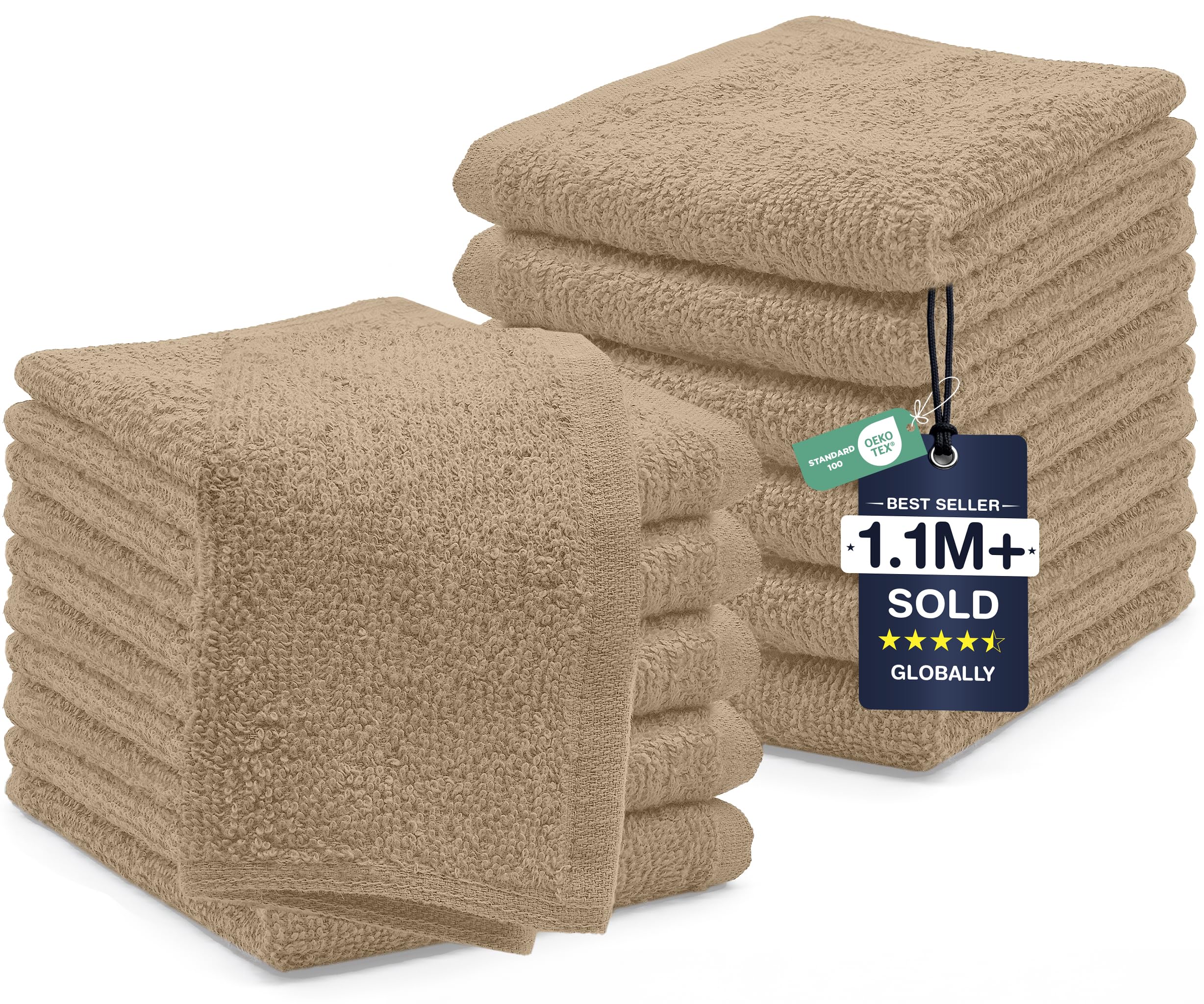 DAN RIVER 12 Pack Cotton Wash Cloths Set for Showering [12x12] Tan