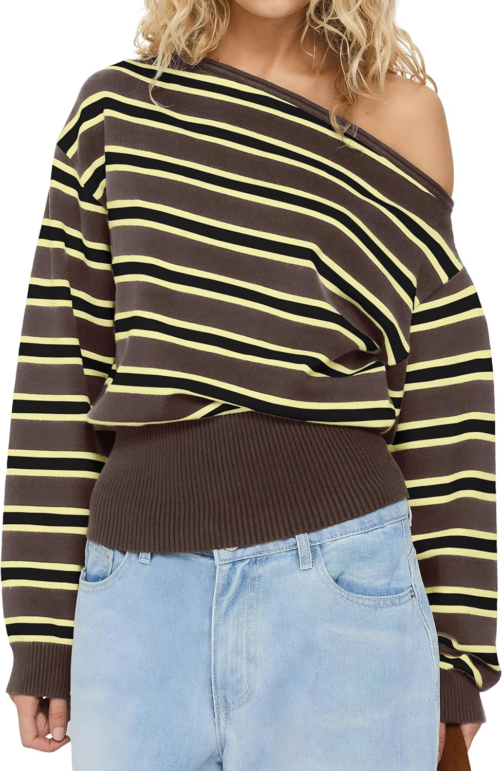 Women Y2k Vintage Striped One Off Shoulder Asymmetrical Sweater Tops Oversized Long Sleeve Pullover Fall Outfits