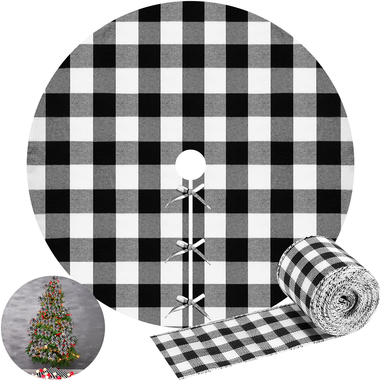 Photo 1 of (PACK OF 2) Christmas Tree Skirt Buffalo Plaid Tree Skirt 36 Inch with 2.5 Inches x 6.5 Yards Plaid Check Ribbon Double Layer Xmas Tree Skirts for Christmas Indoor Outdoor Decorations (White-Black,36 Inch) White-black 36 Inch