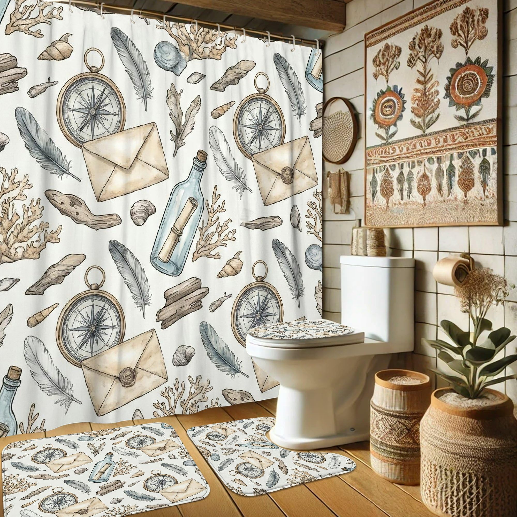 Rideau de douche boussole en tissu imperméable beige pour une salle de bain raffinée
