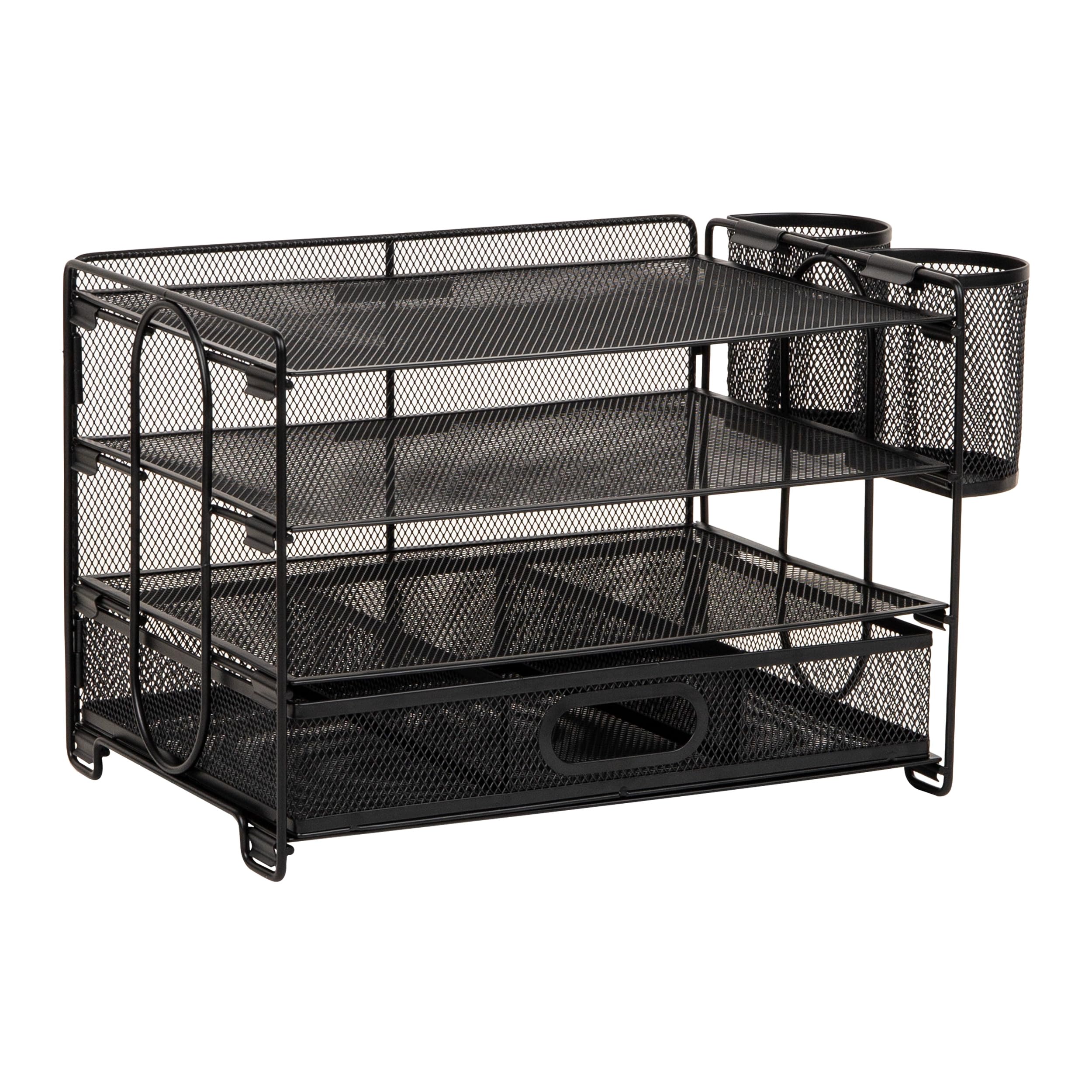 Mind Reader Schreibtisch-Organizer aus Netzstoff, 3 Ablagen, 1 Schublade, 2 Stifthalter, Büro-Schreibtisch-Organizer, Metallgitter, Schwarz