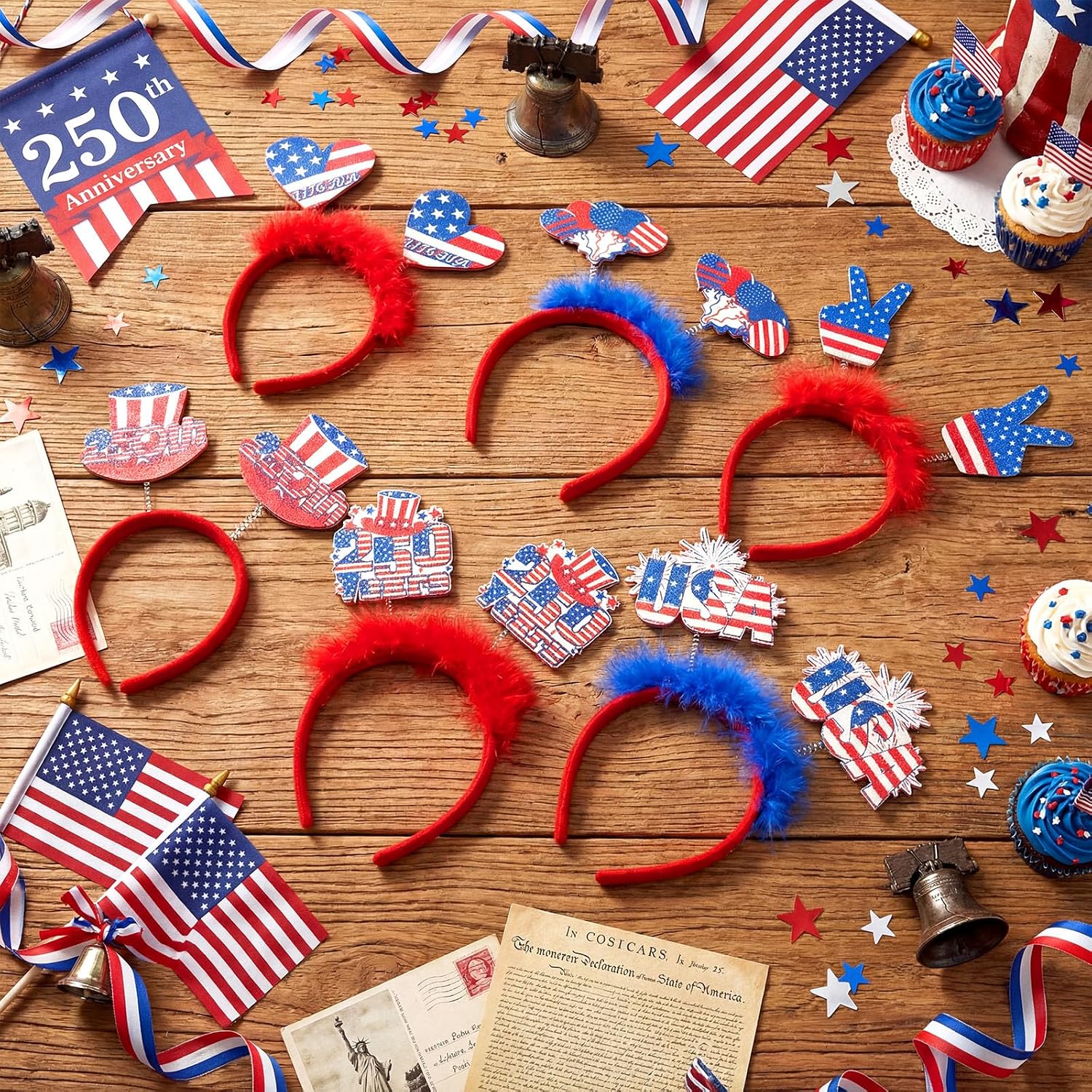 Dingion 12 Pcs Customized 250th Anniversary Party Accessories 250 4th of July Headbands Patriotic USA Accessories American Red White and Blue Headband for Fourth of July Independence Day Party Favors