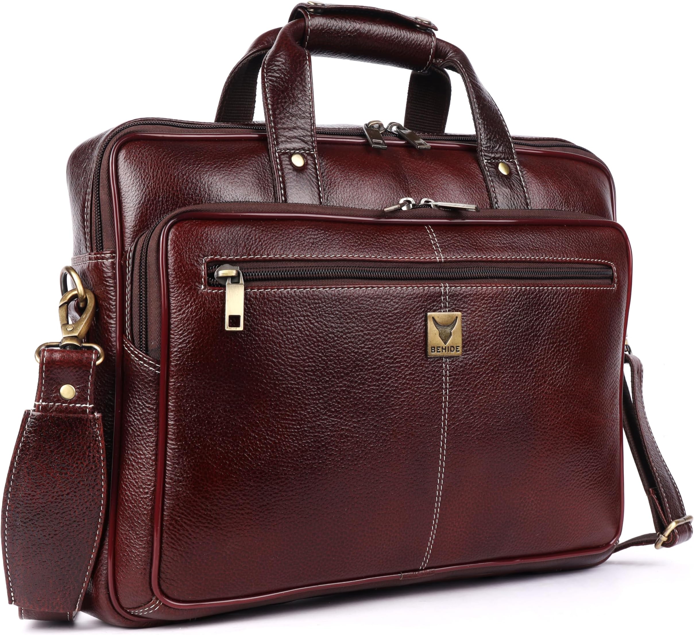 BEHIDE Genuine Leather Office Bag for Men for 15.6 Inch Laptop - Laptop Bag for Men with Adjustable Strap - Leather Bag for Men - Ideal for Work and Travel - 1 Year Warranty - Brown