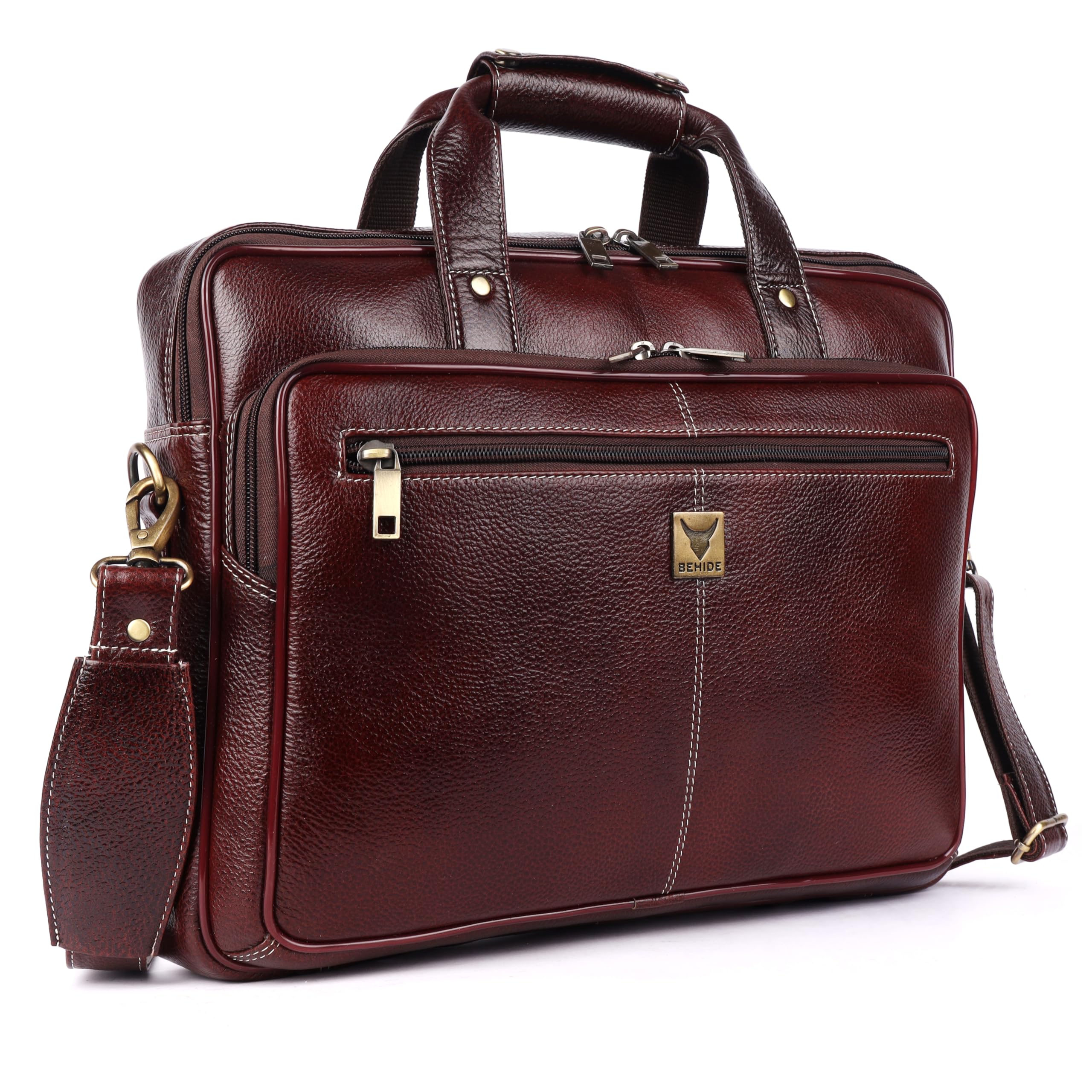 BEHIDE Genuine Leather Office Bag for Men for 15.6 Inch Laptop - Laptop Bag for Men with Adjustable Strap - Leather Bag for Men - Ideal for Work and Travel - 1 Year Warranty - Brown