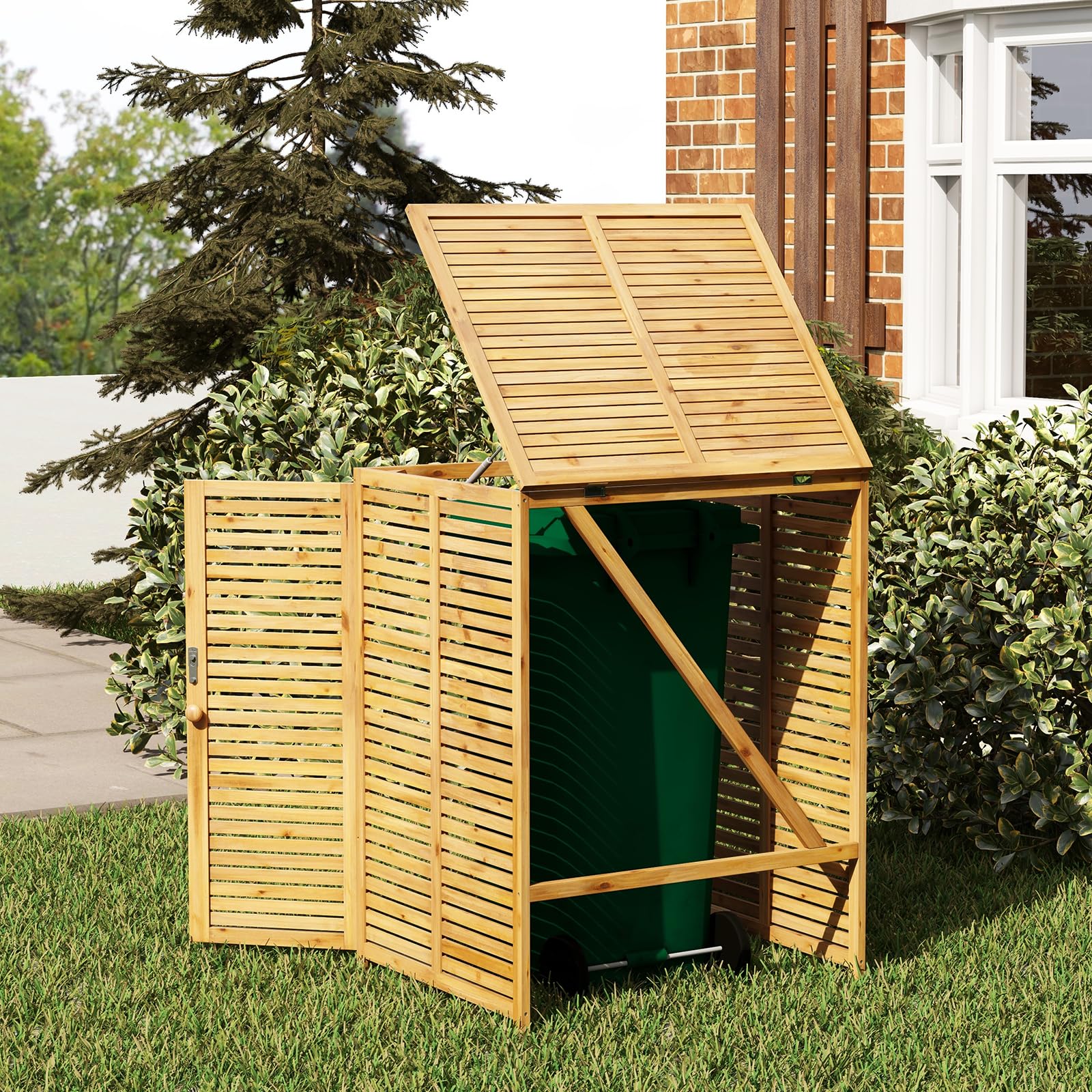 COSTWAY Cobertizo de Basura de Madera de 120 L, Caseta de Madera para Contenedor de Desechos para Exteriores con Tapa Abatible, Puertas Dobles, Pestillo de Seguridad, Contenedor de Basura para Jardín