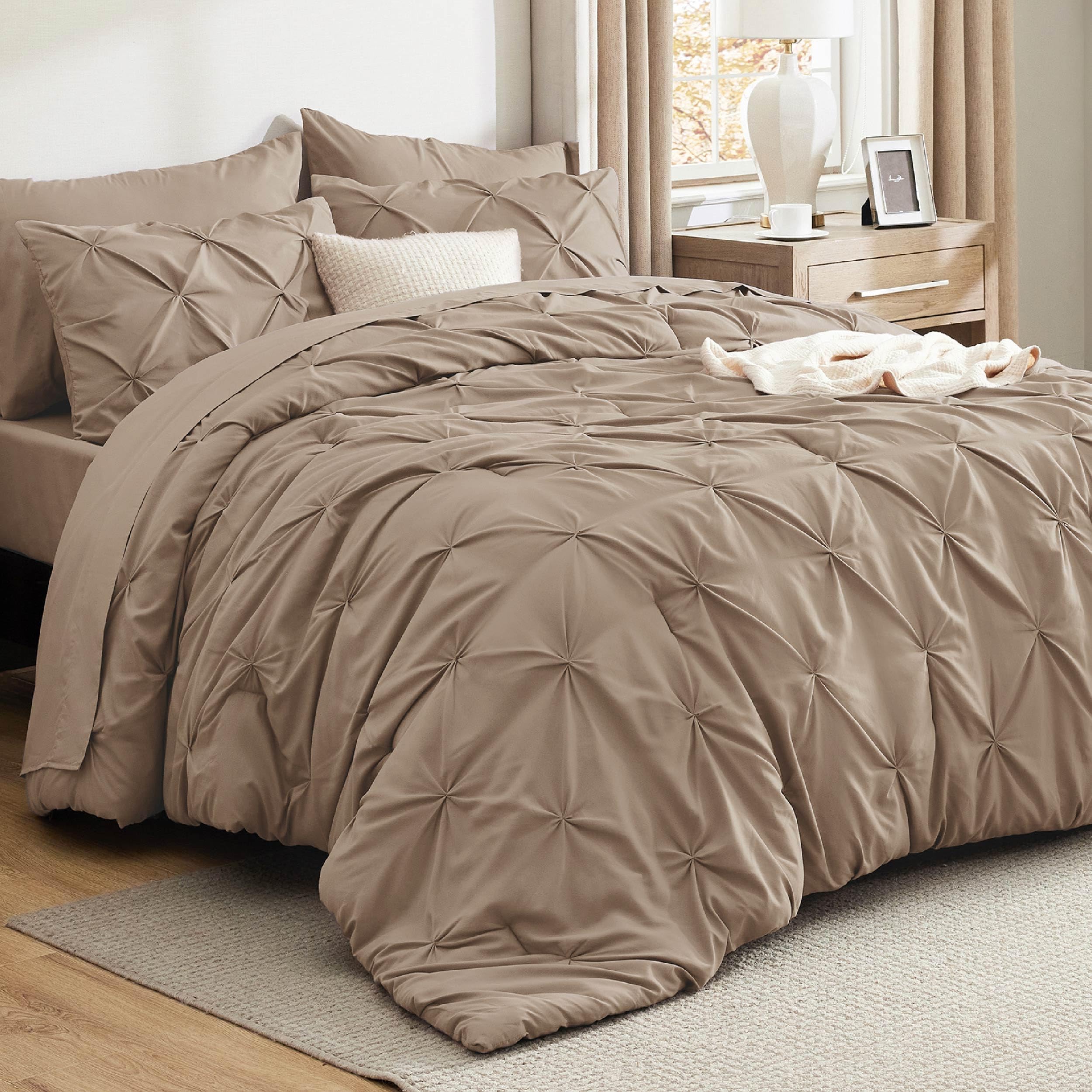 Bedsure Queen Comforter Set Khaki - Bed in a Bag Queen Size Bedding 7 Pieces, GentleSoft™ Pintuck Bed Set Gift for Family, Pinch Pleat All Season Comforter with Sheets, Pillowcases & Shams